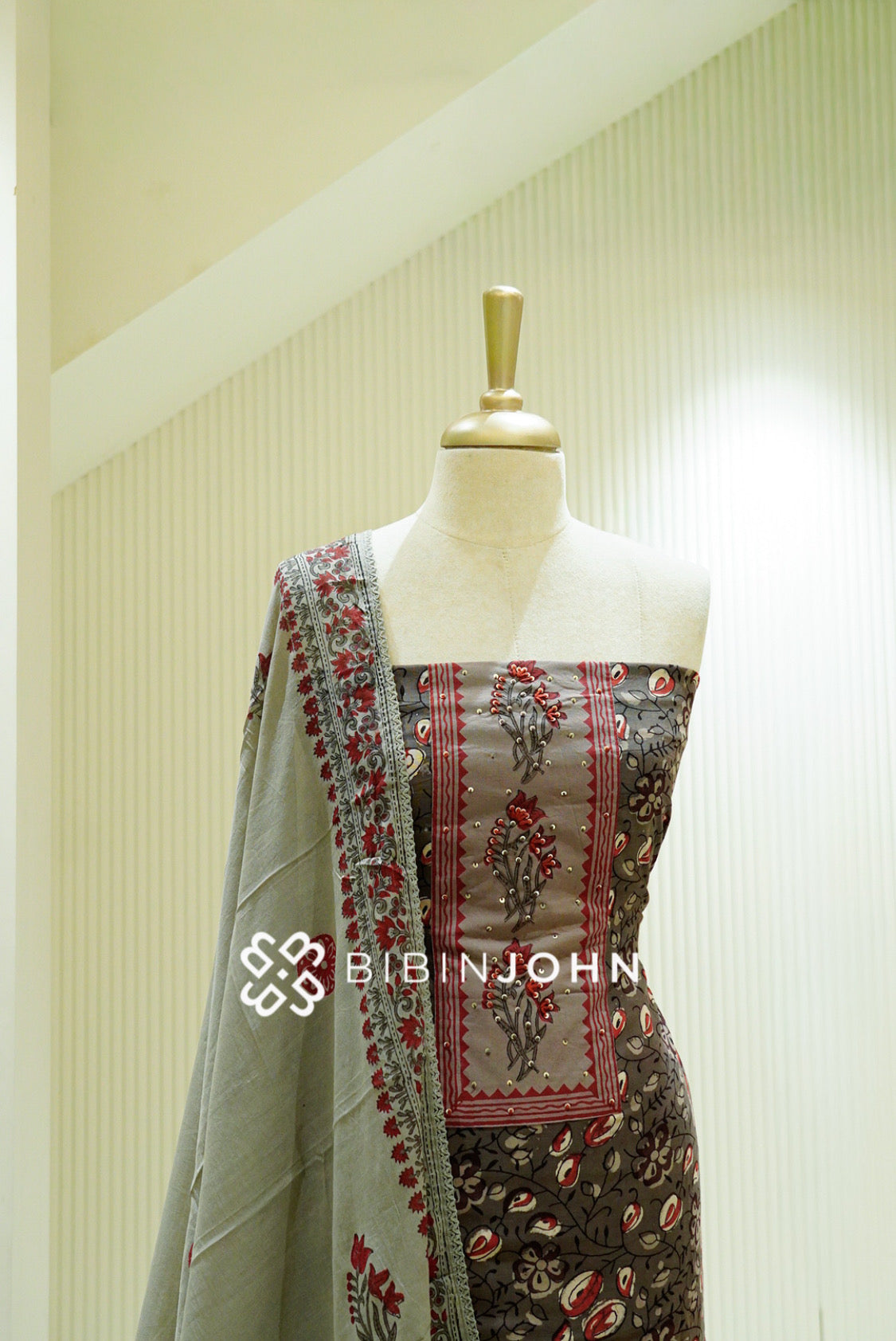 Cotton Embroidery Unstitched Salwar Suit Material Taupe Grey BJ1532