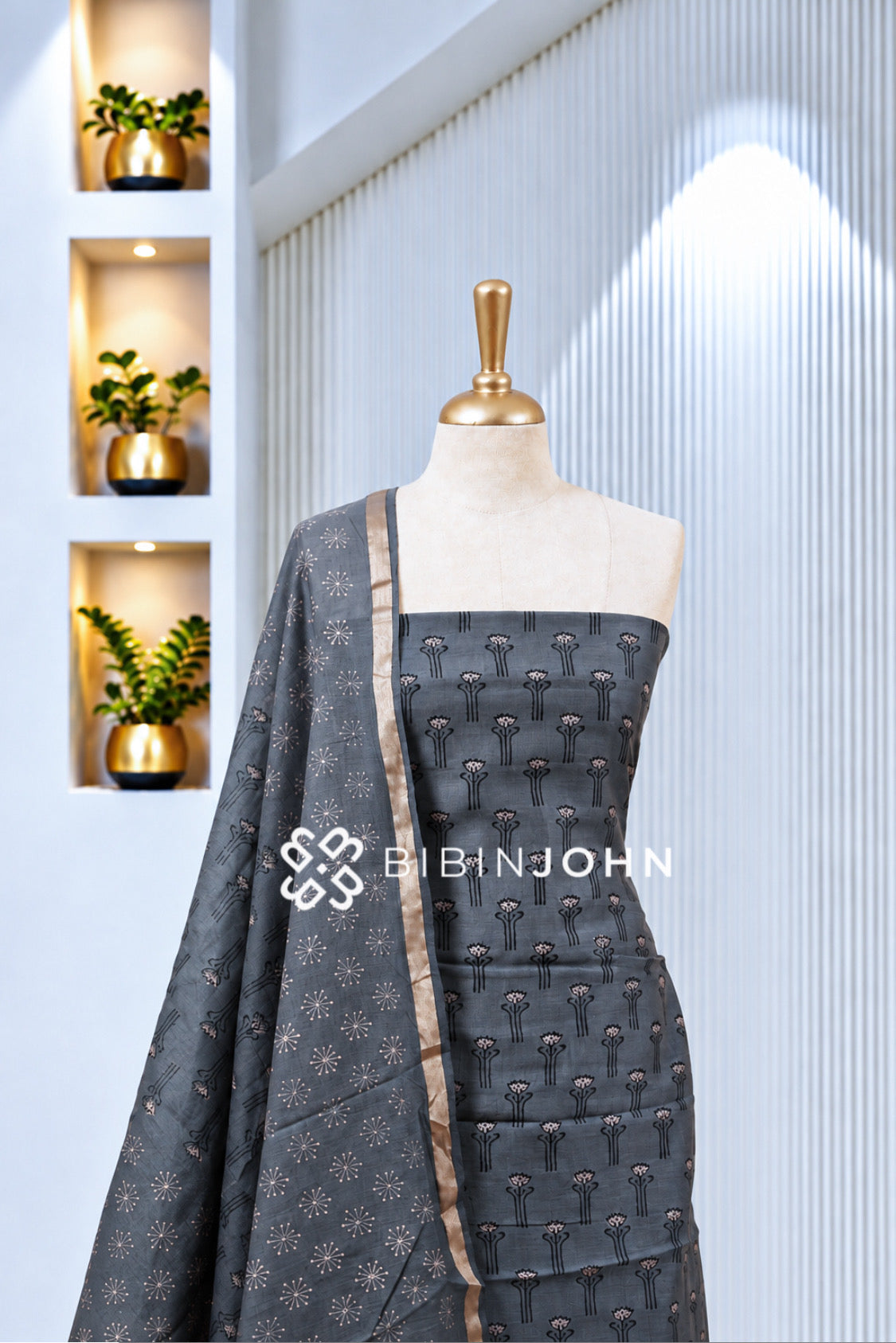 Printed Chanderi Unstitched Salwar Suit Material Charcoal Grey BJ1982