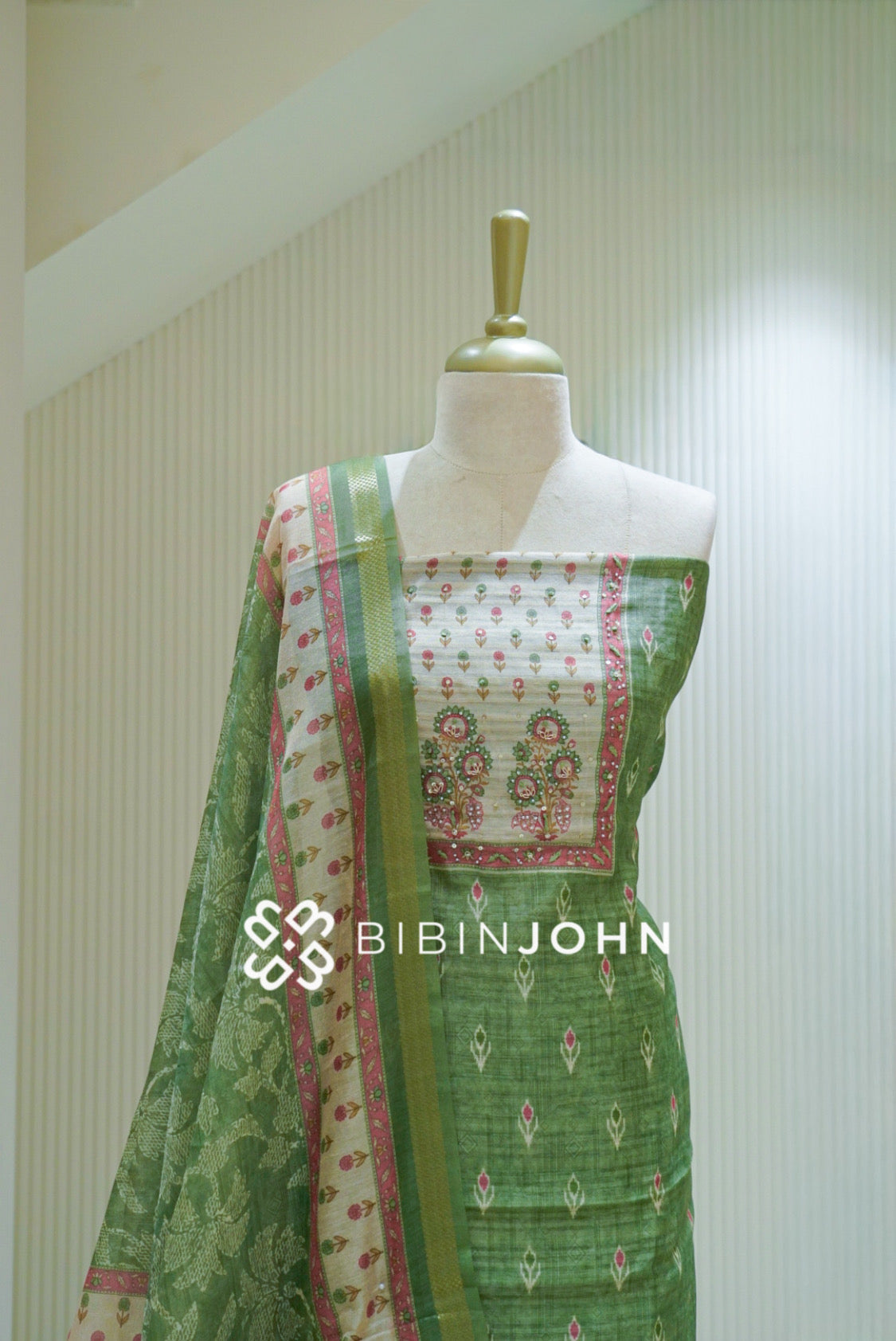 Semi Silk Embroidery Unstitched Salwar Suit Material Olive Green BJ2470