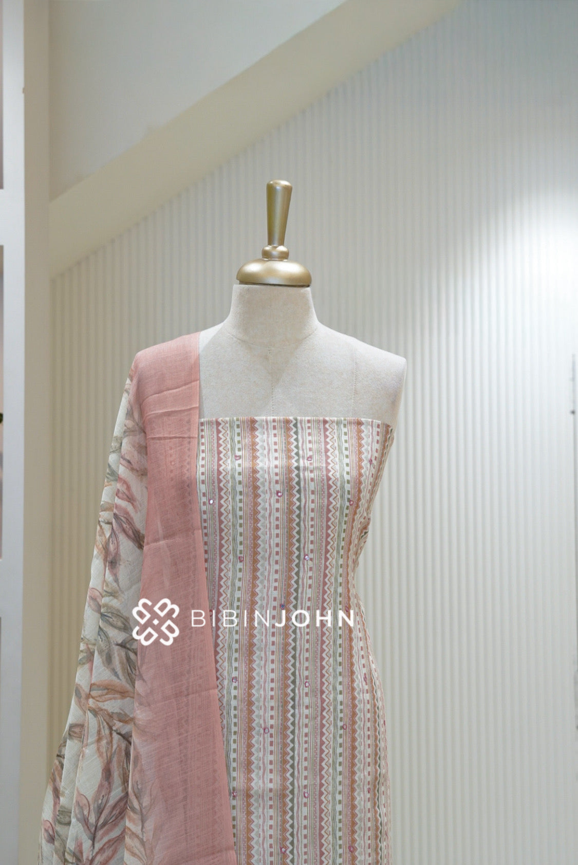 Linen Embroidery Unstitched Salwar Suit Material Ivory White with Dusty Pink BJ2362