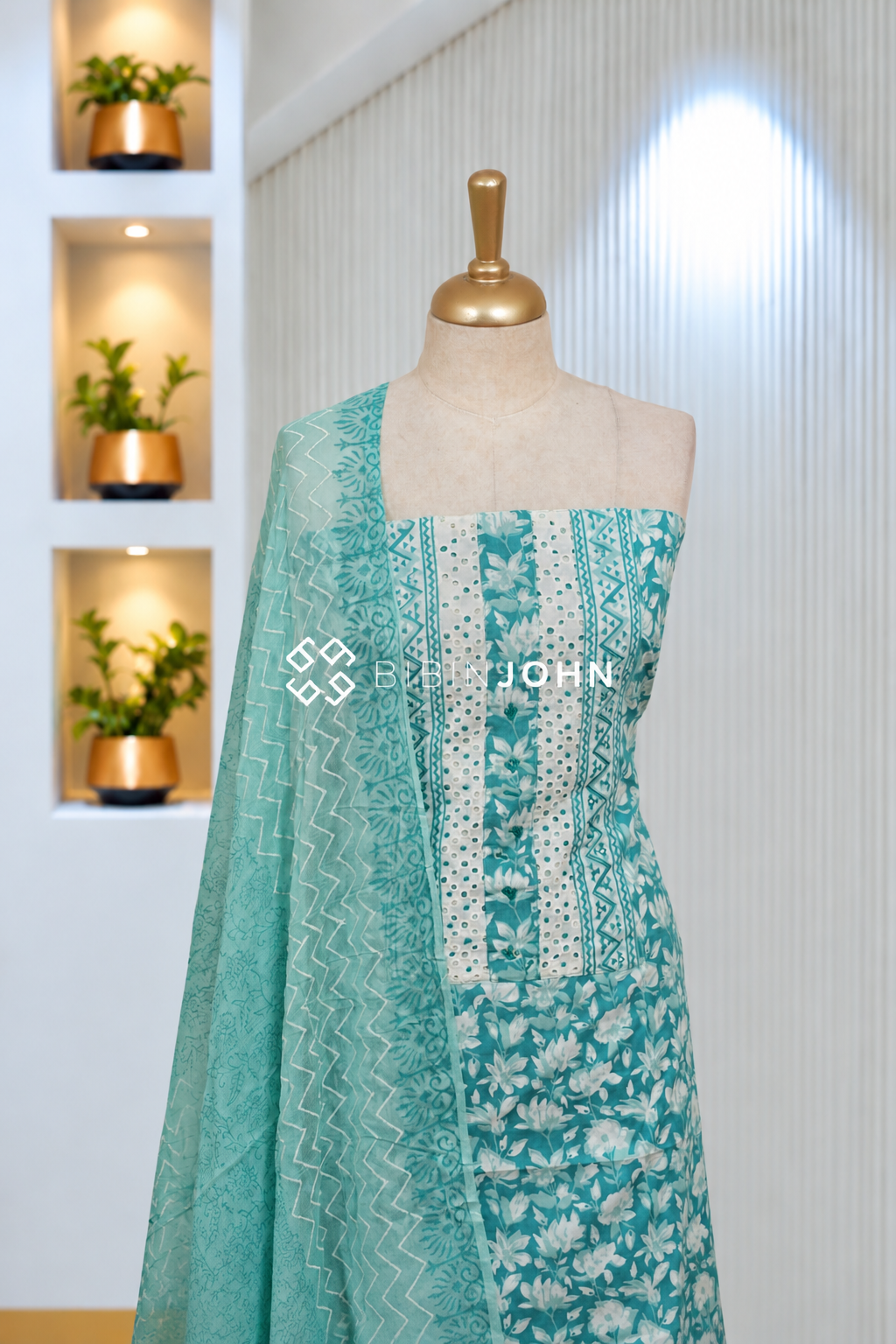 Printed Cotton Unstitched Salwar Suit Material Turquoise Blue BJ2056