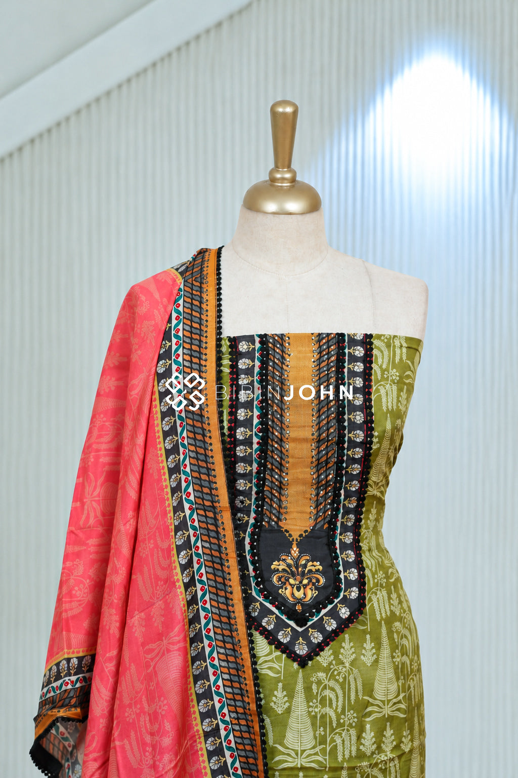 Muslin Embroidery Unstitched Salwar Suit Material Olive Green BJ2060