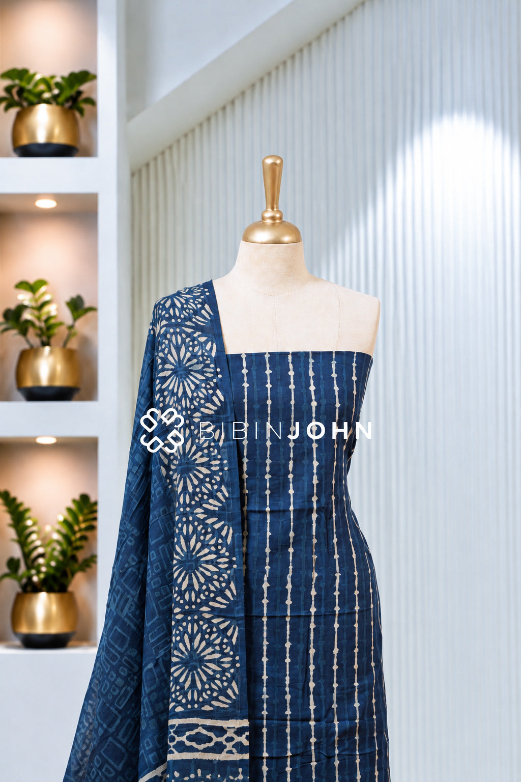 Printed Cotton Unstitched Salwar Suit Material Indigo Blue With Ivory BJ1974