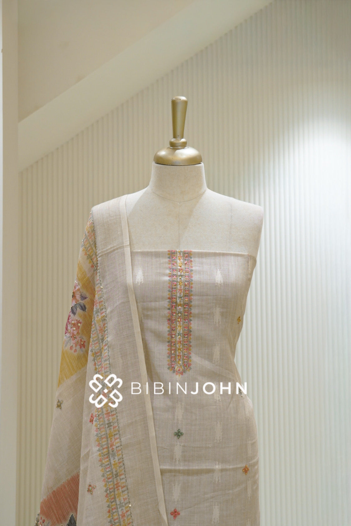 Chanderi Embroidery Unstitched Salwar Suit Material Ivory Cream BJ1886