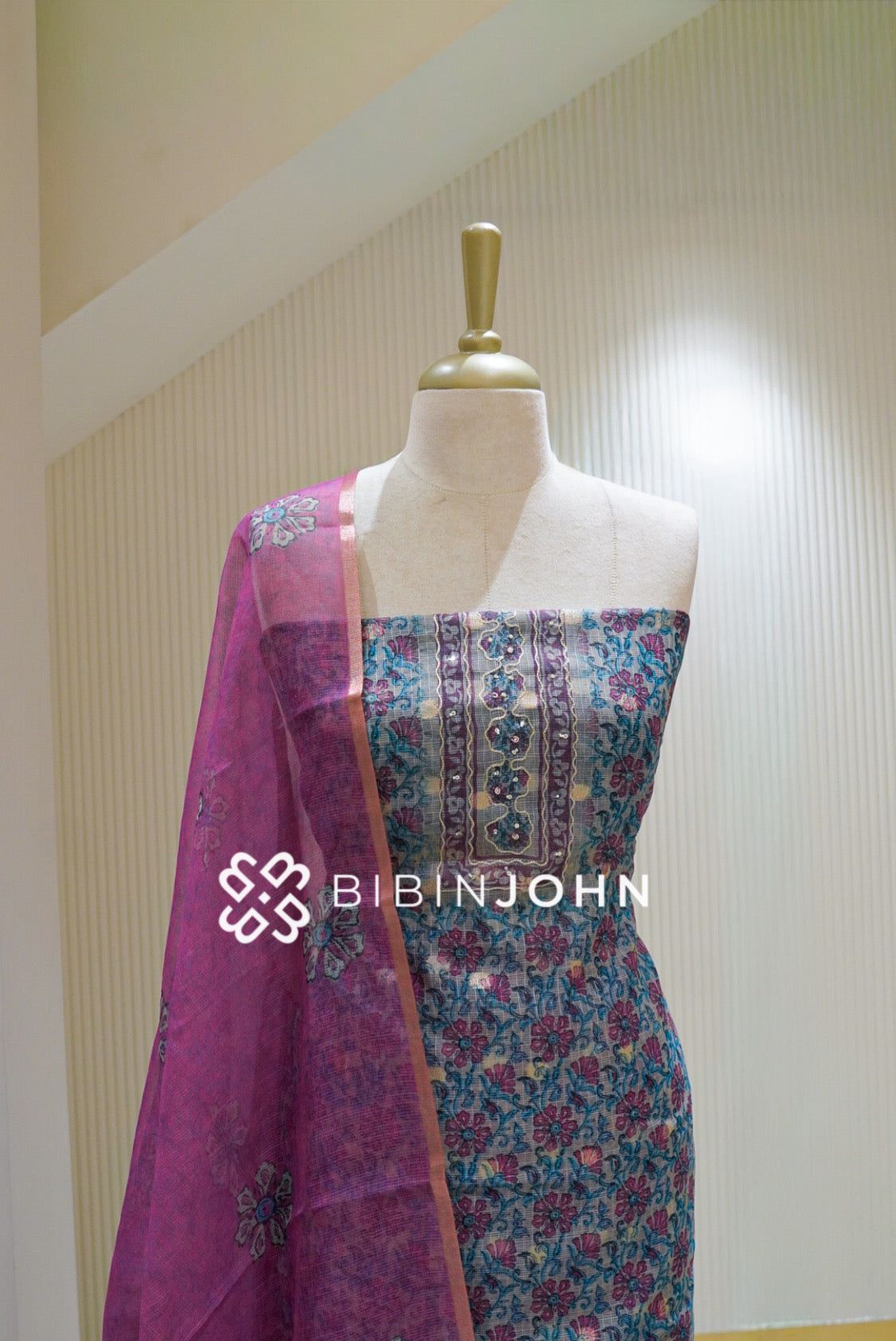 Cotta Embroidery Unstitched Salwar Suit Material Turquoise Blue With Magenta Pink BJ2497