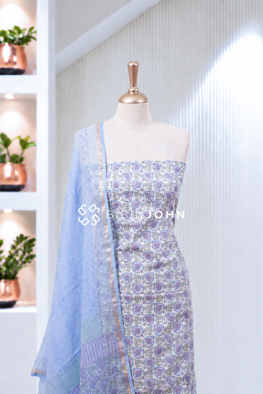 Printed Cotton Unstitched Salwar Suit Material Pastel Blue With Ivory BJ2018