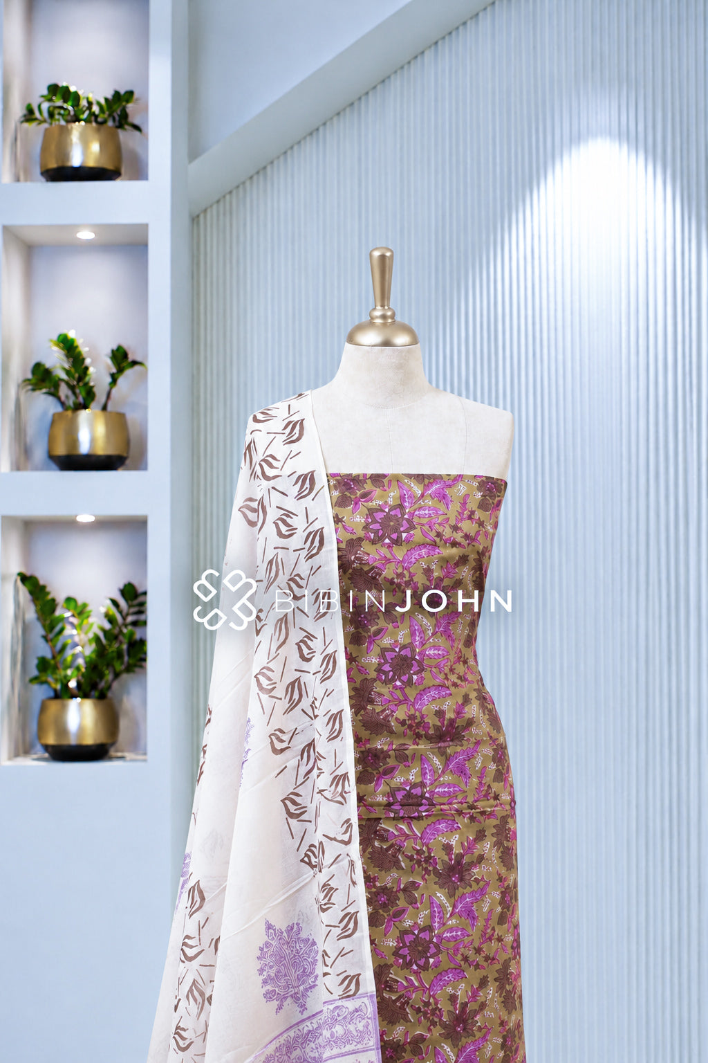 Printed Cotton Unstitched Salwar Suit Material Olive Brown With Magenta BJ1958