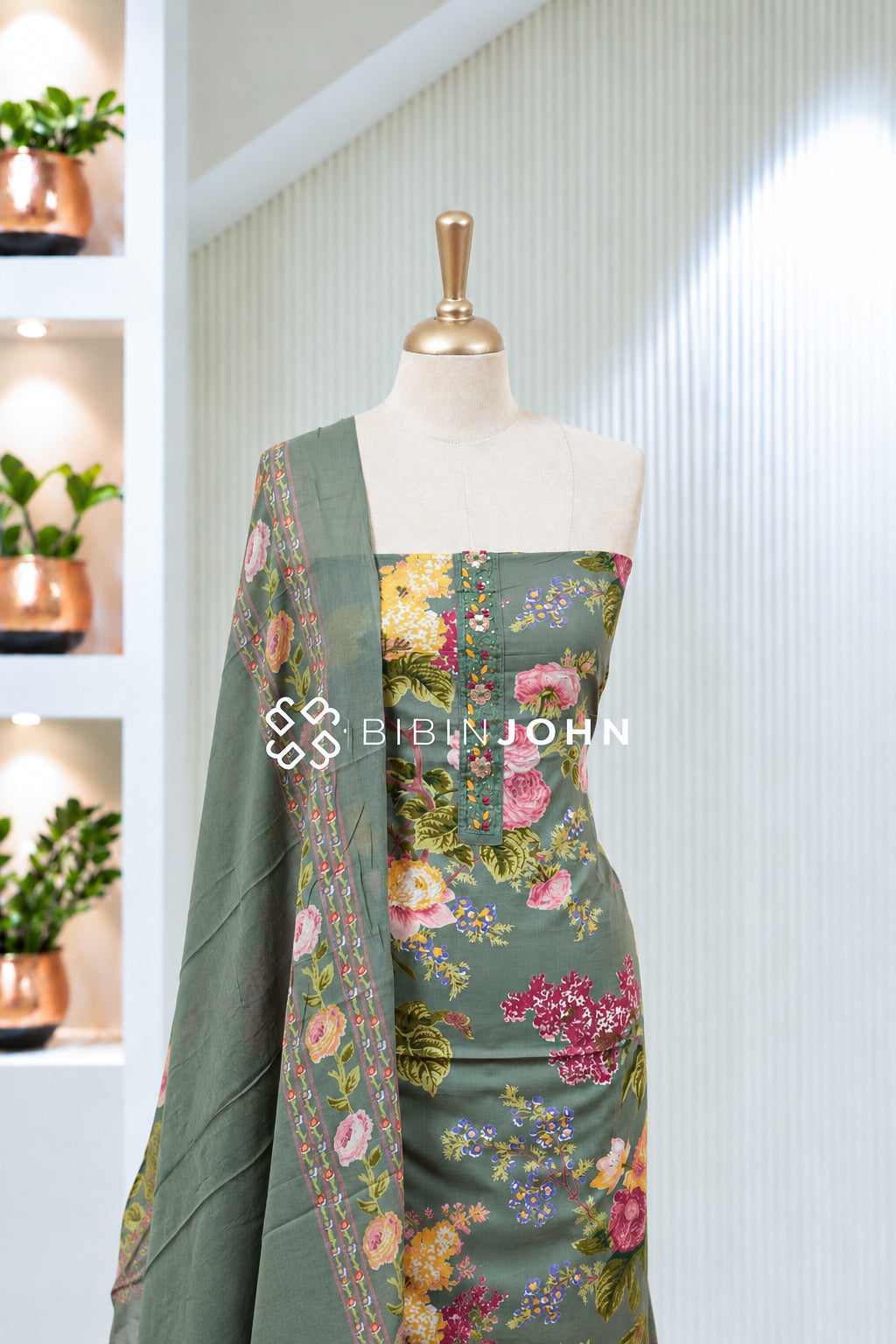 Printed Cotton Unstitched Salwar Suit Material Sage Green BJ2017