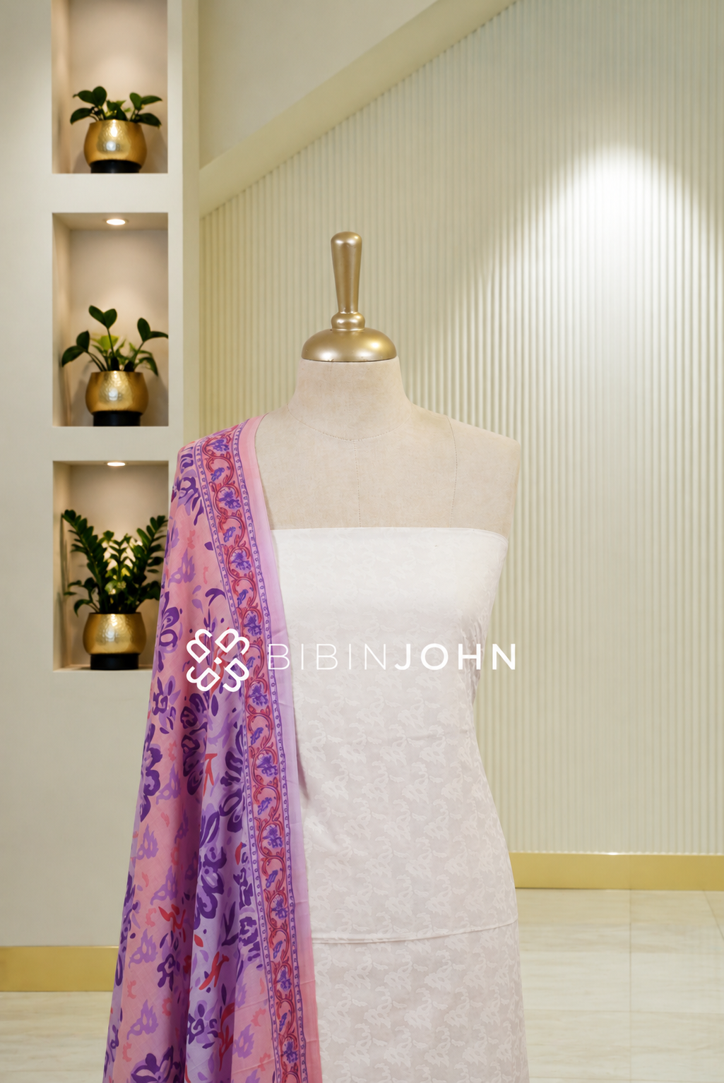 Printed Cotton Unstitched Salwar Suit Material White BJ1795