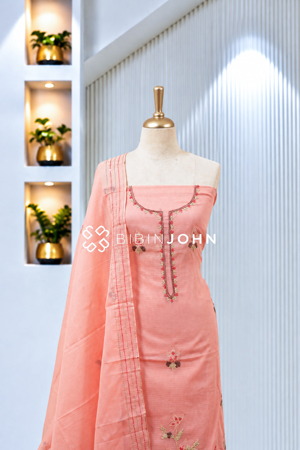 Cotta Embroidery Unstitched Salwar Suit Material Peach Pink BJ1979