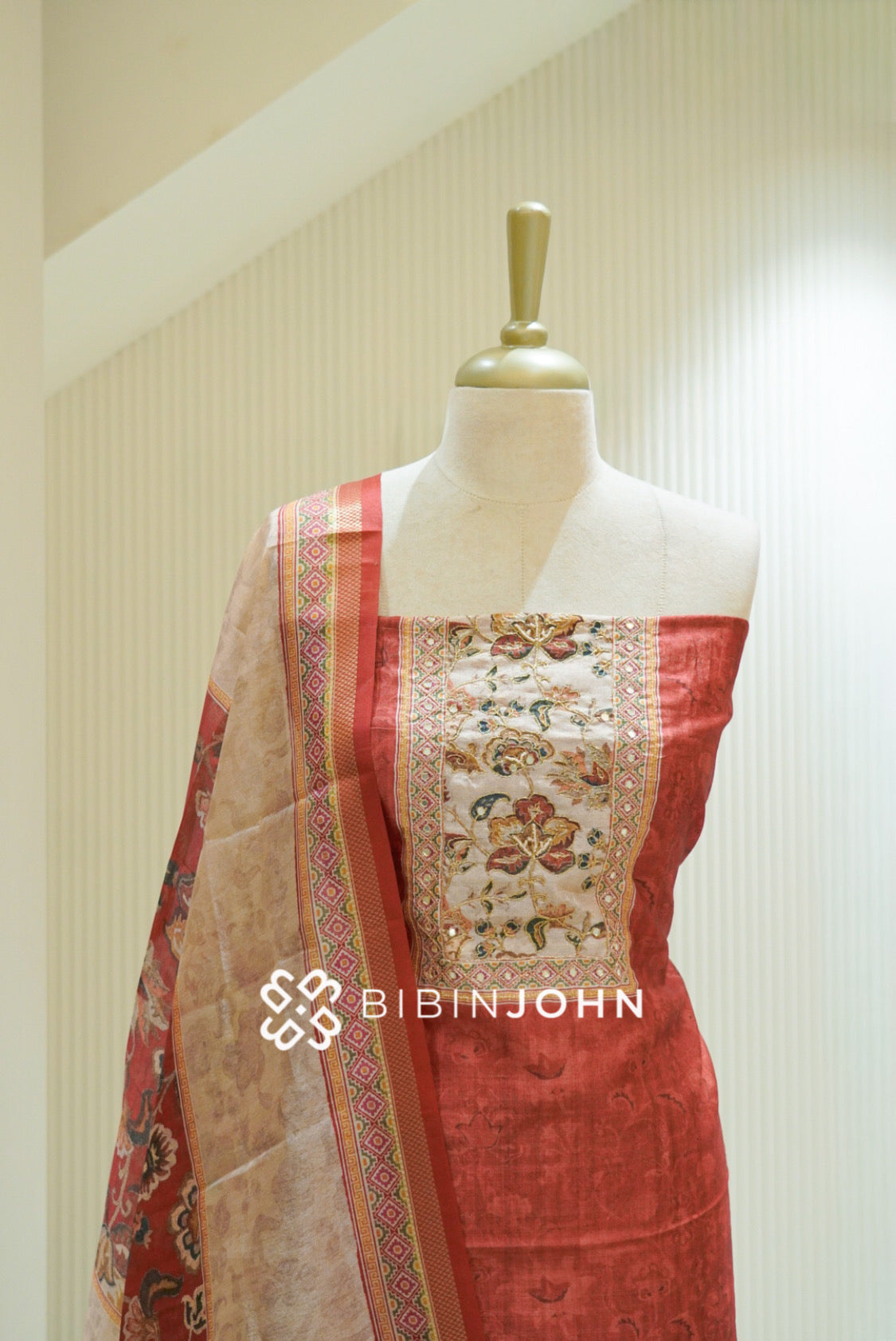 Semi Silk Embroidery Unstitched Salwar Suit Material Rust Red with Beige BJ2474