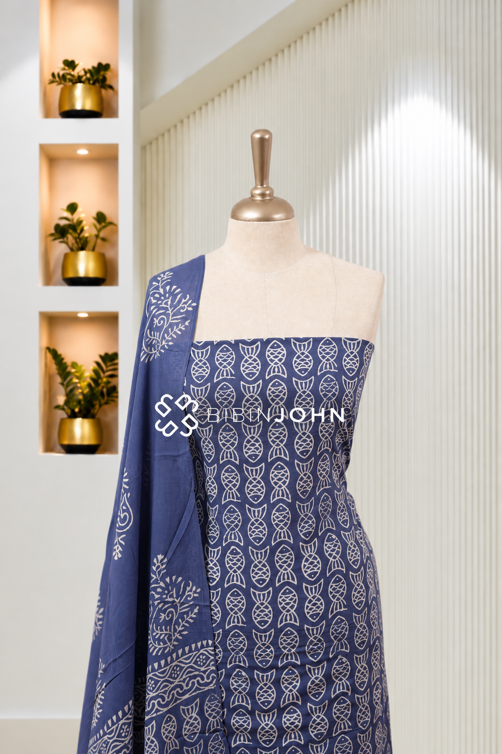 Printed Cotton Unstitched Salwar Suit Material Indigo Blue BJ1816