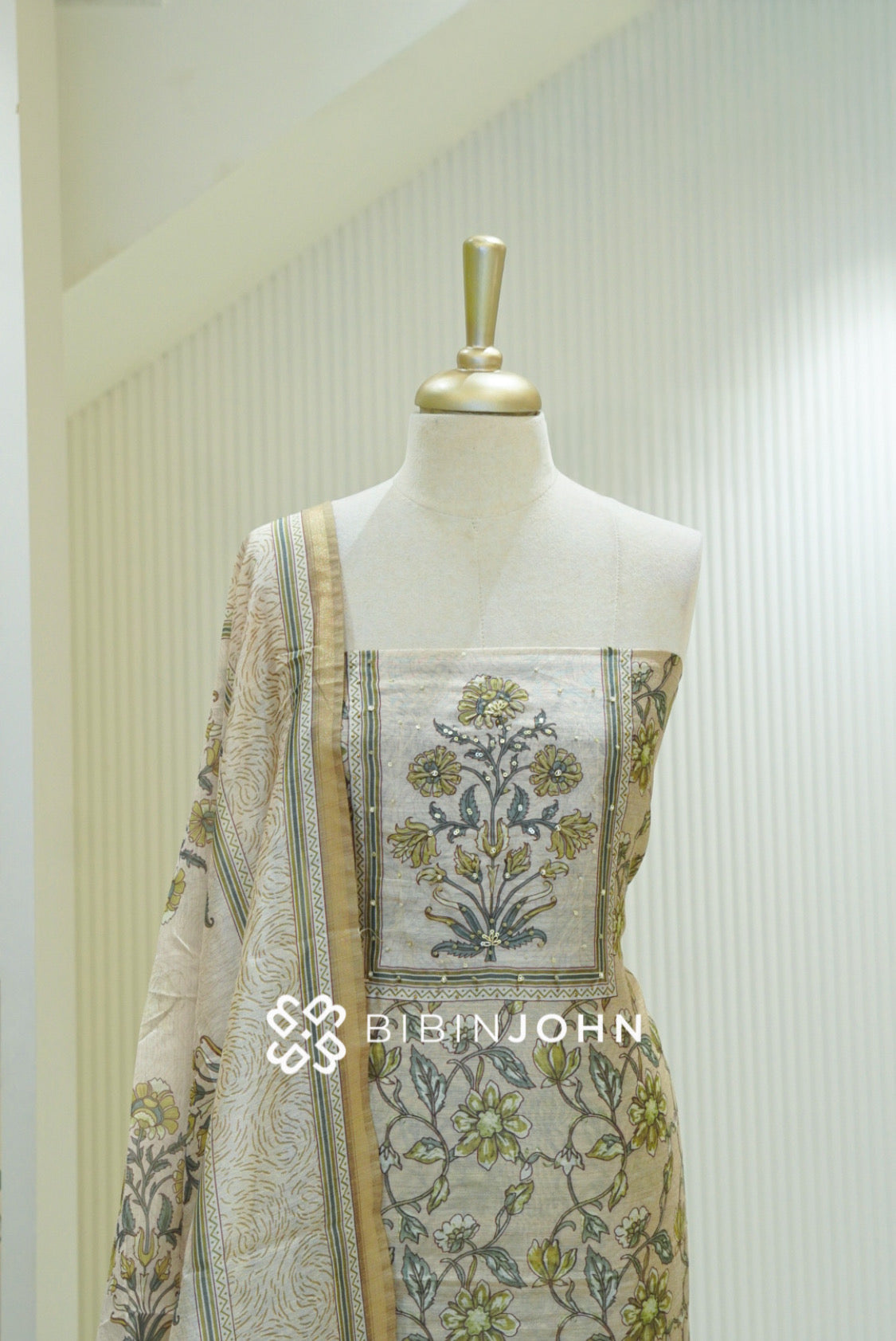 Semi Silk Embroidery Unstitched Salwar Suit Material Ivory Beige BJ2366