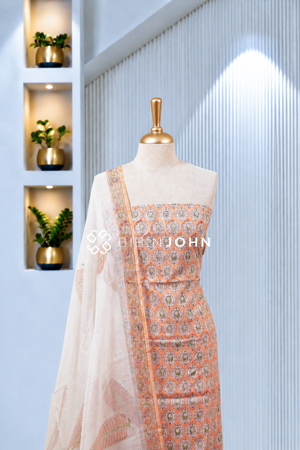 Printed Cotton Unstitched Salwar Suit Material Peach Orange BJ1967