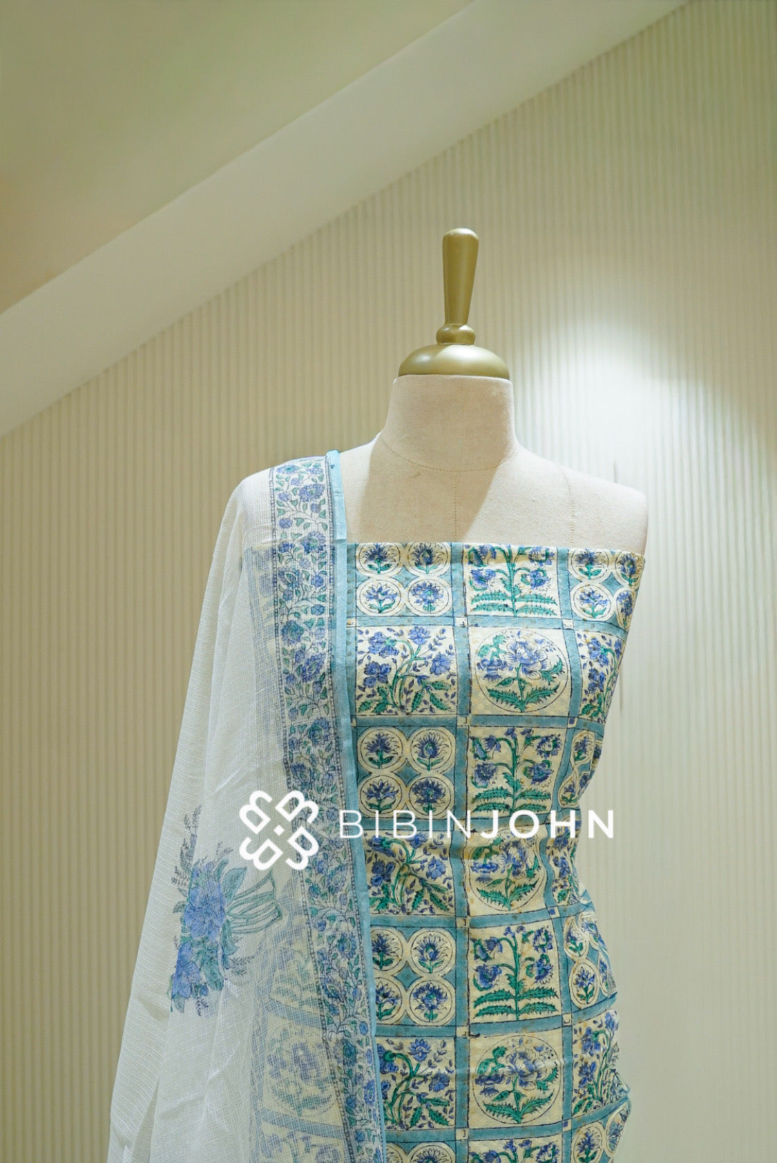 Printed Cotton Unstitched Salwar Suit Material Off White With Turquoise Blue BJ2830