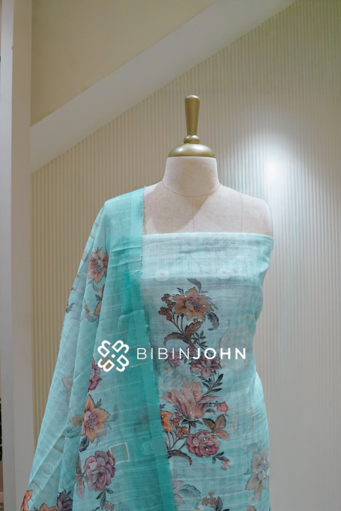 Semi Linen Embroidery Unstitched Salwar Suit Material Pastel Aqua Blue BJ2516
