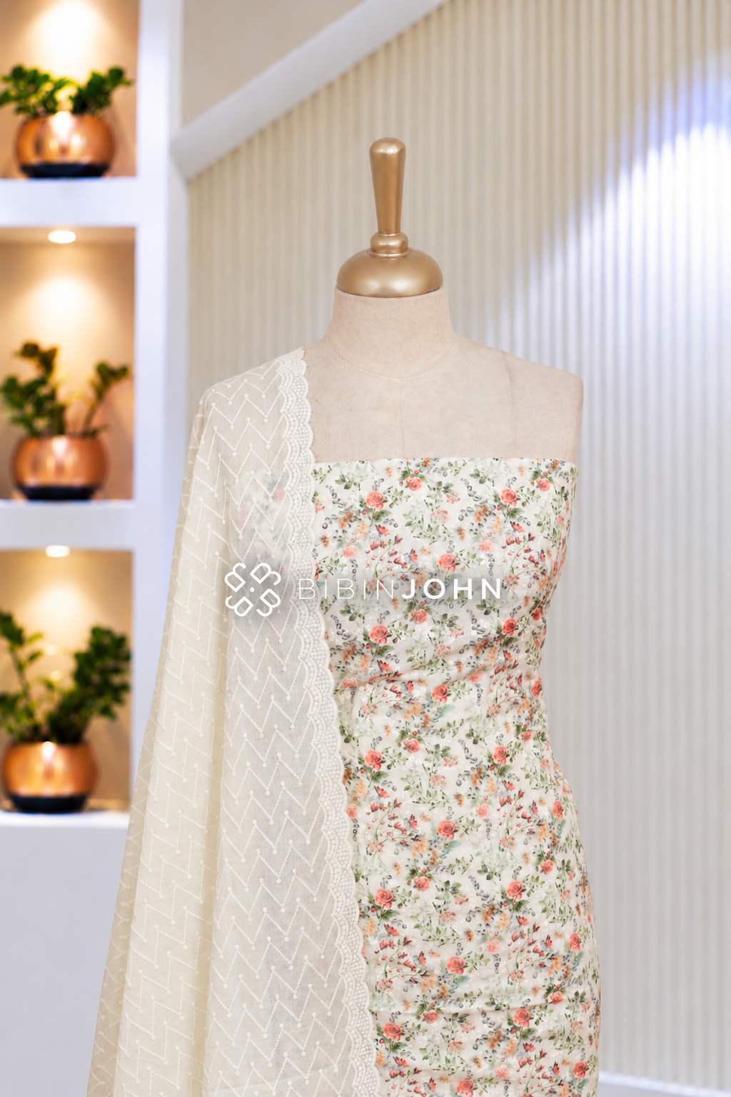 Cotton Embroidery Unstitched Salwar Suit Material Ivory White With Coral Peach BJ2096