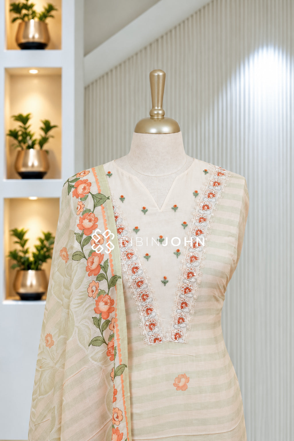 Semistitched Chanderi Embroidery Salwar Suit Material Ivory Cream BJ1946