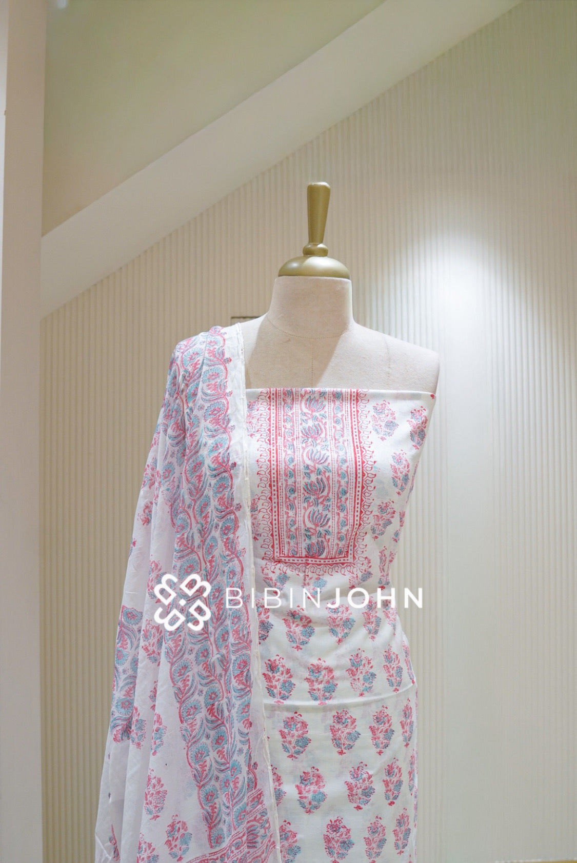 Printed Cotton Unstitched Salwar Suit Material Off White With Baby Pink BJ2814
