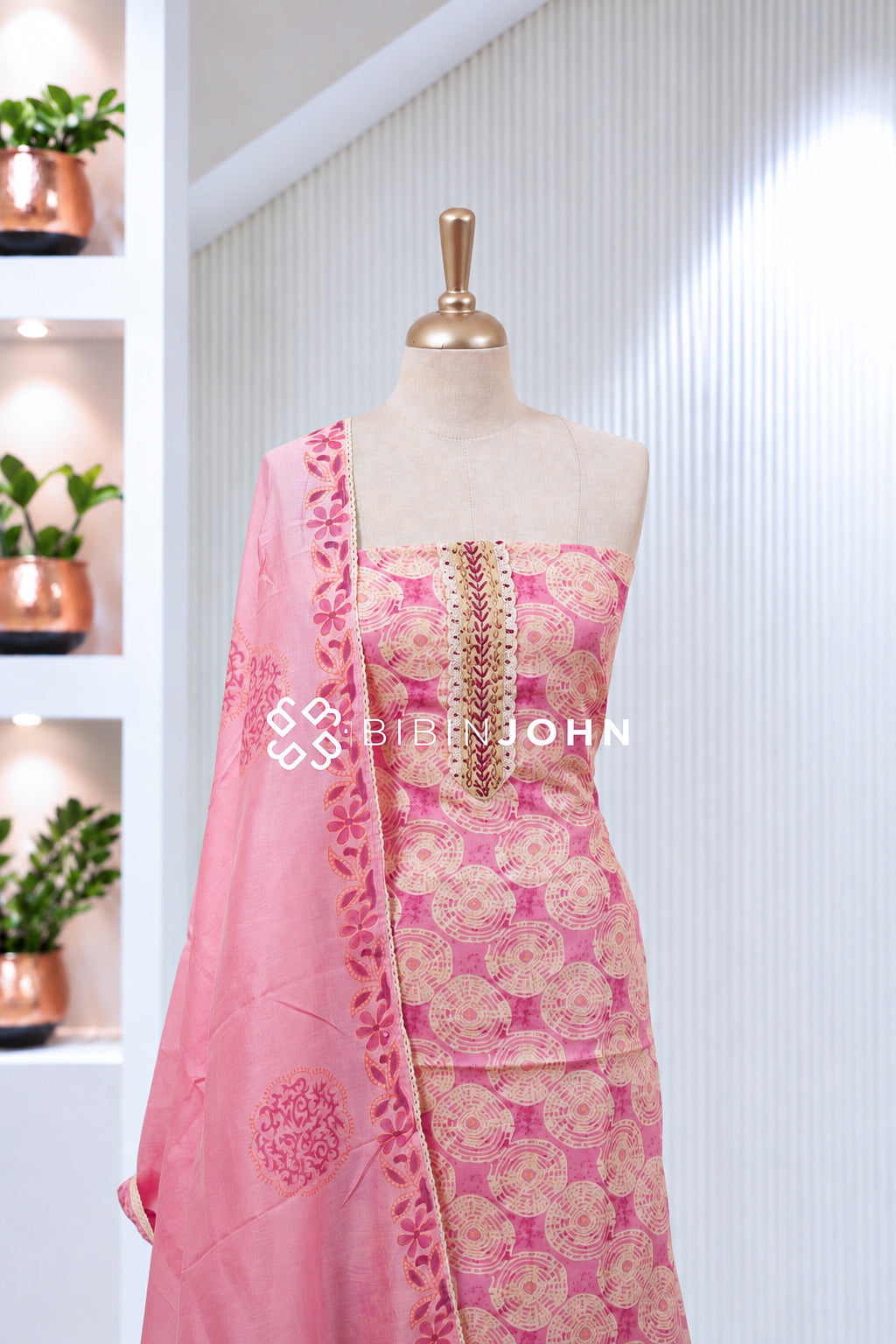 Printed Cotton Unstitched Salwar Suit Material Pink BJ2015