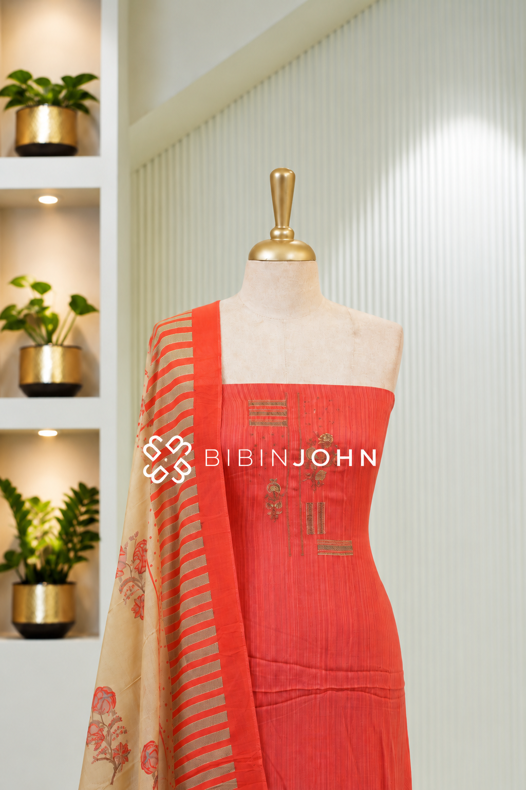 Muslin Embroidery Unstitched Salwar Suit Material Coral Orange BJ1836