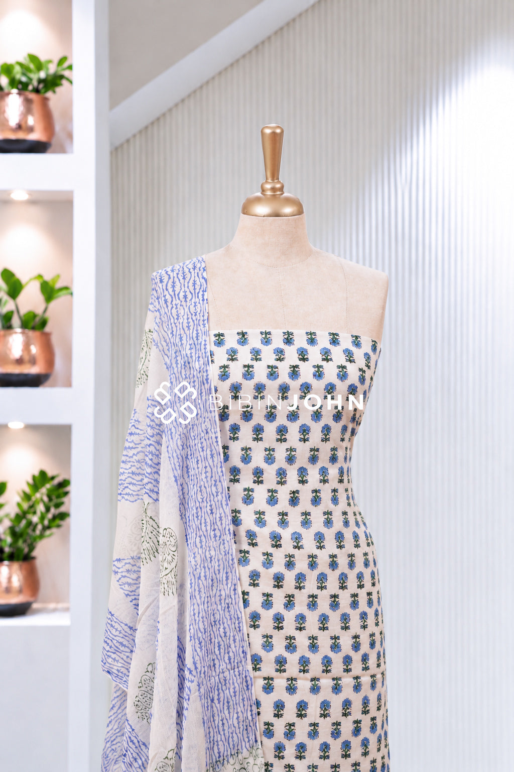 Printed Cotton Unstitched Salwar Suit Material Ivory White With Blue BJ2009