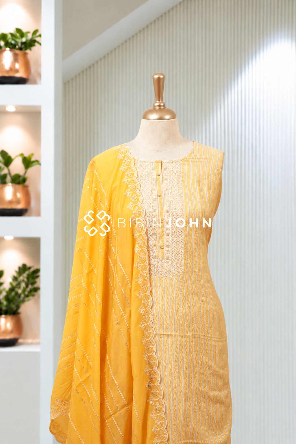 Semi Stitched Muslin Embroidery Salwar Suit Material Sunshine Yellow BJ2029