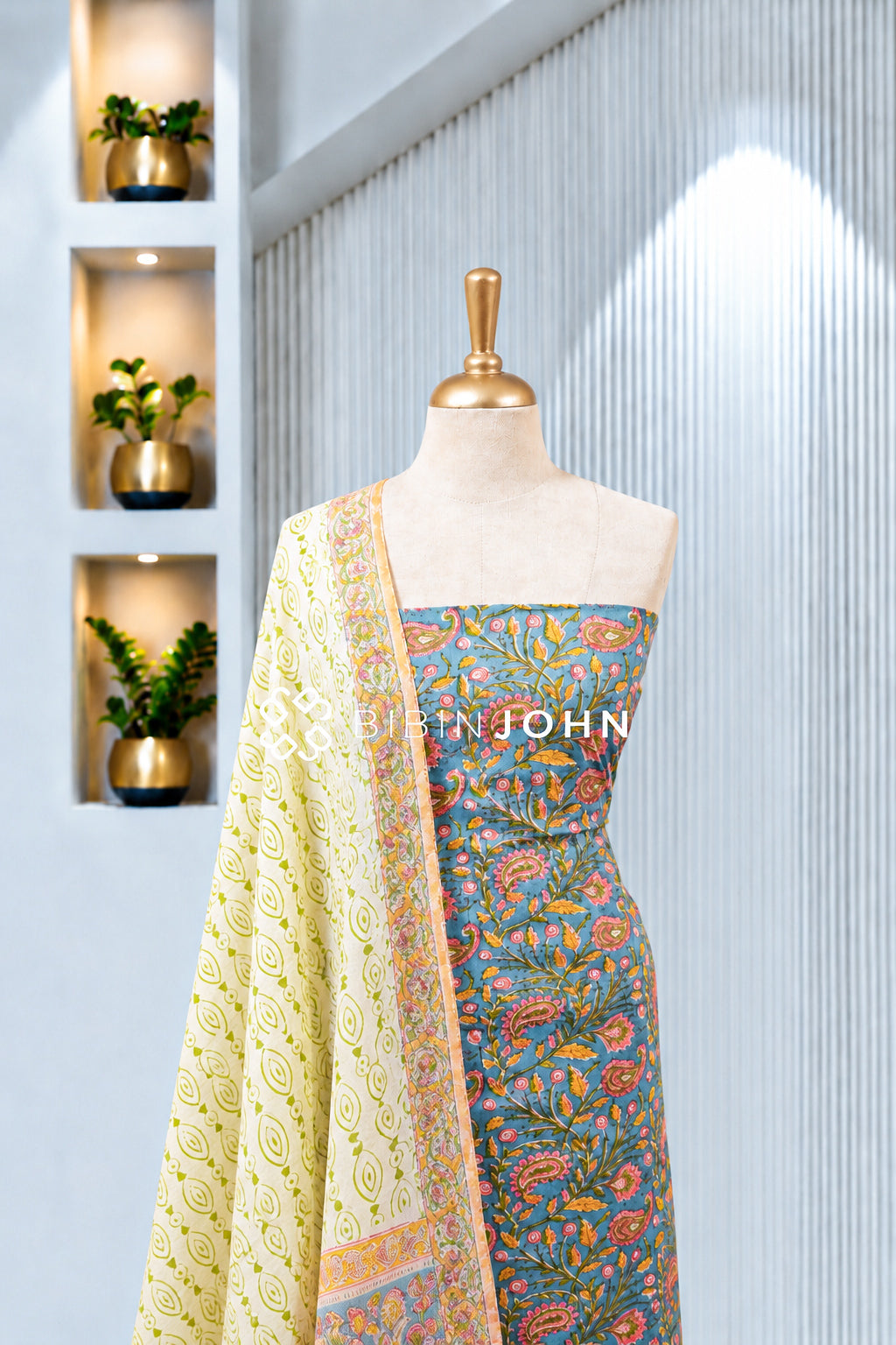 Printed Cotton Unstitched Salwar Suit Material Dusty Blue BJ1968