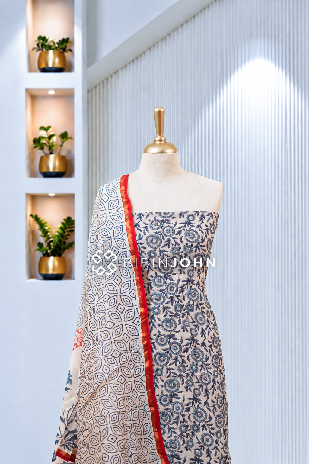 Printed Chanderi Unstitched Salwar Suit Material Ivory White With Navy Blue BJ1970