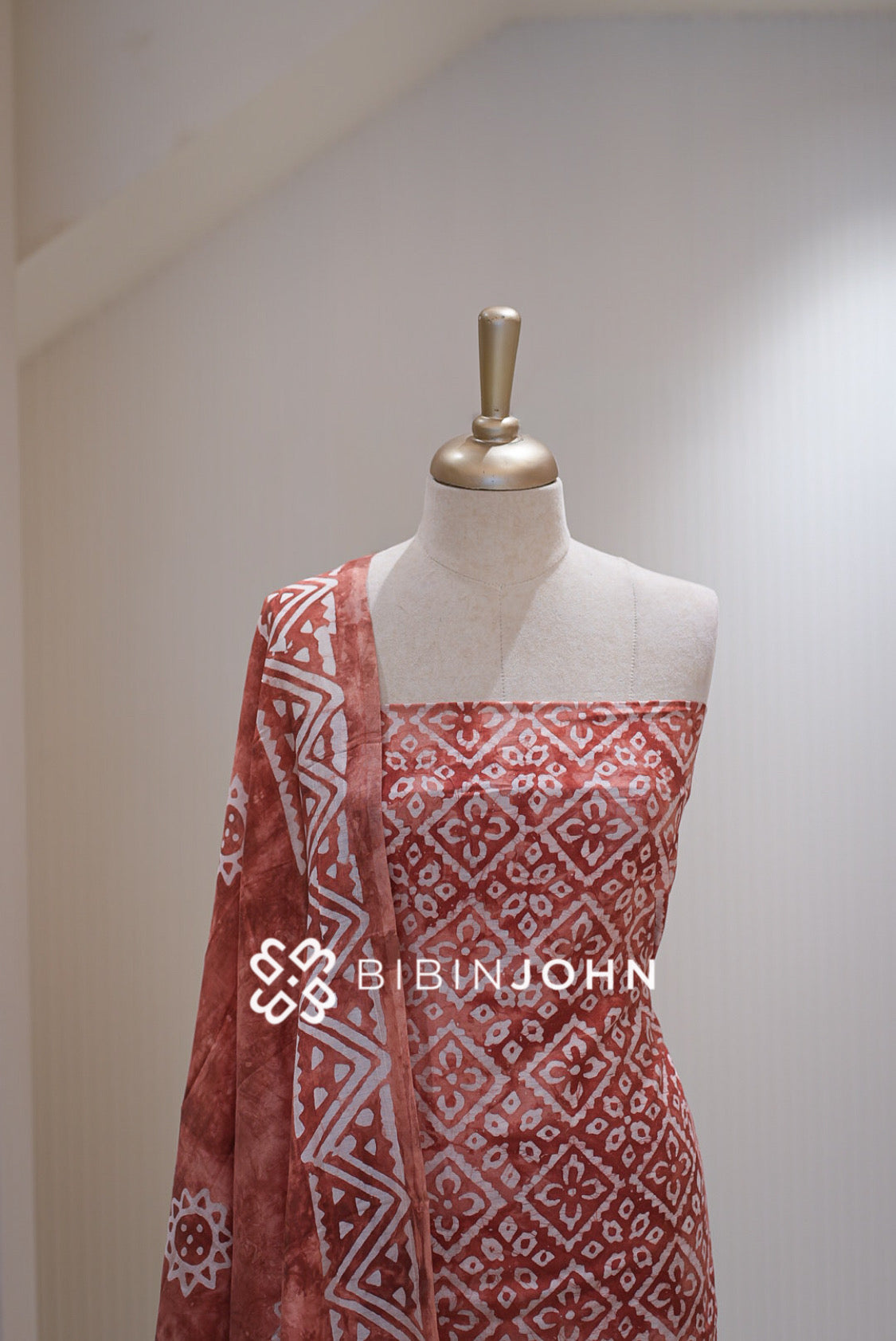 Batik Printed Chanderi Unstitched Salwar Suit Material Terracotta Rust BJ2302