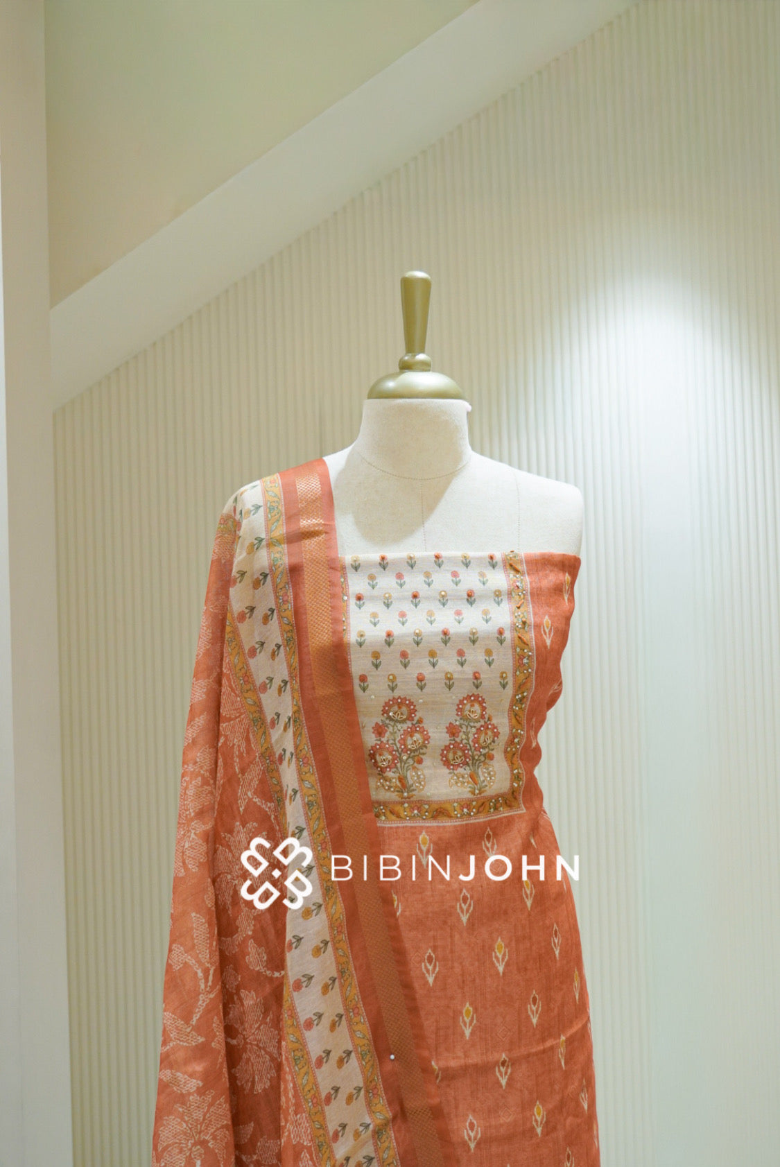 Semi Silk Embroidery Unstitched Salwar Suit Material Peach Orange With Ivory BJ2471