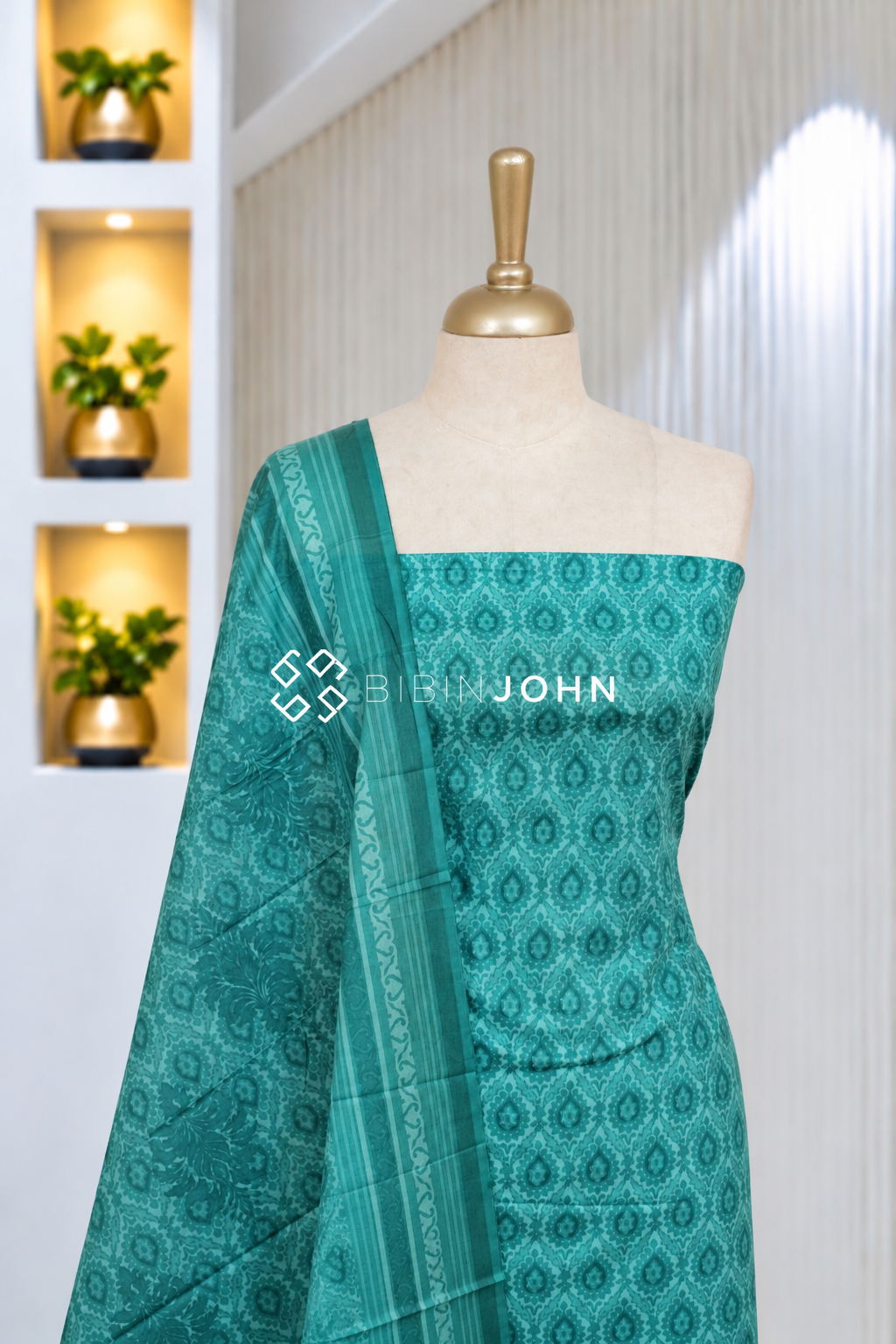 Printed Cotton Unstitched Salwar Suit Material Deep Turquoise Green BJ2074