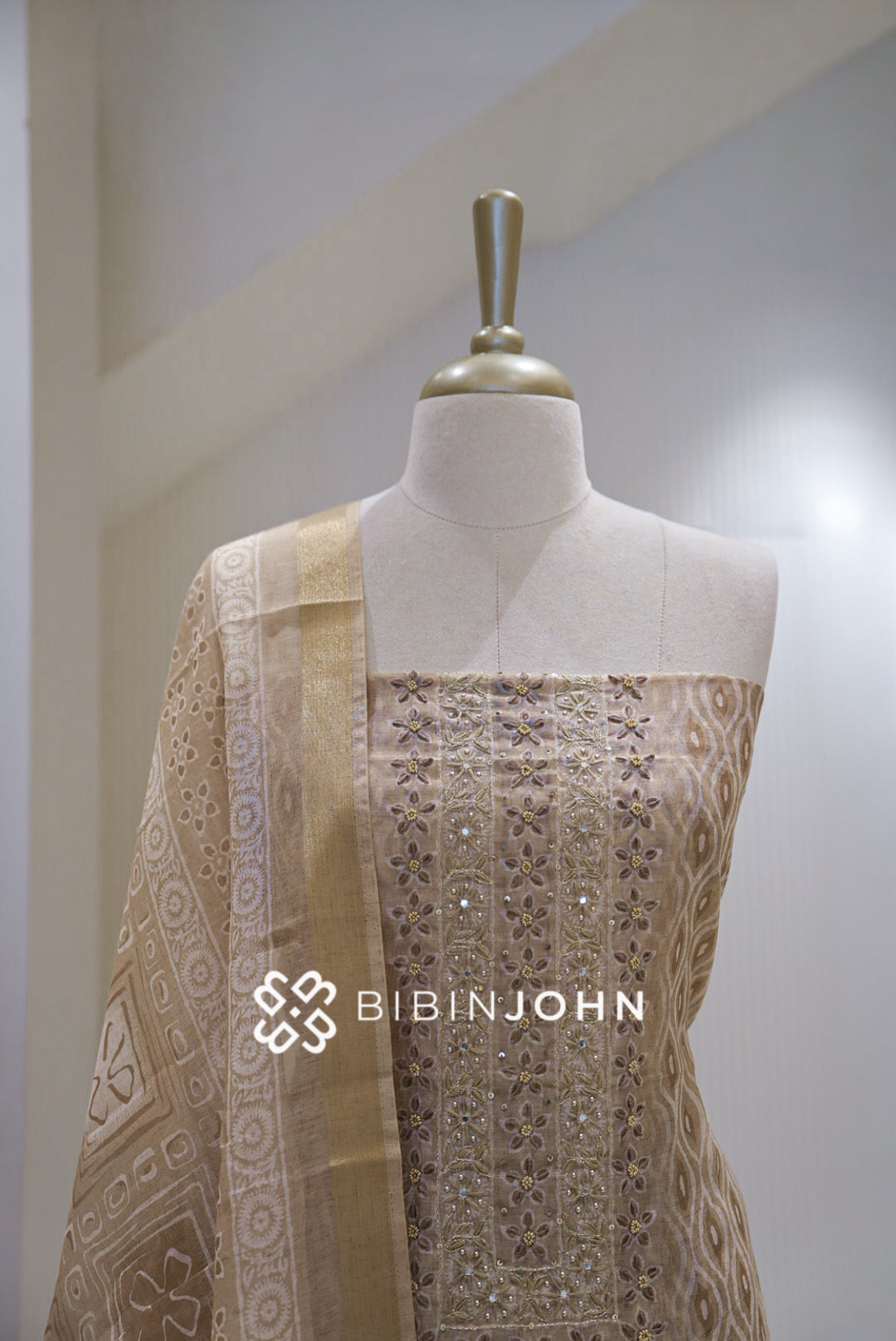 Chanderi Embroidery Unstitched Salwar Suit Material Champagne Beige BJ2303
