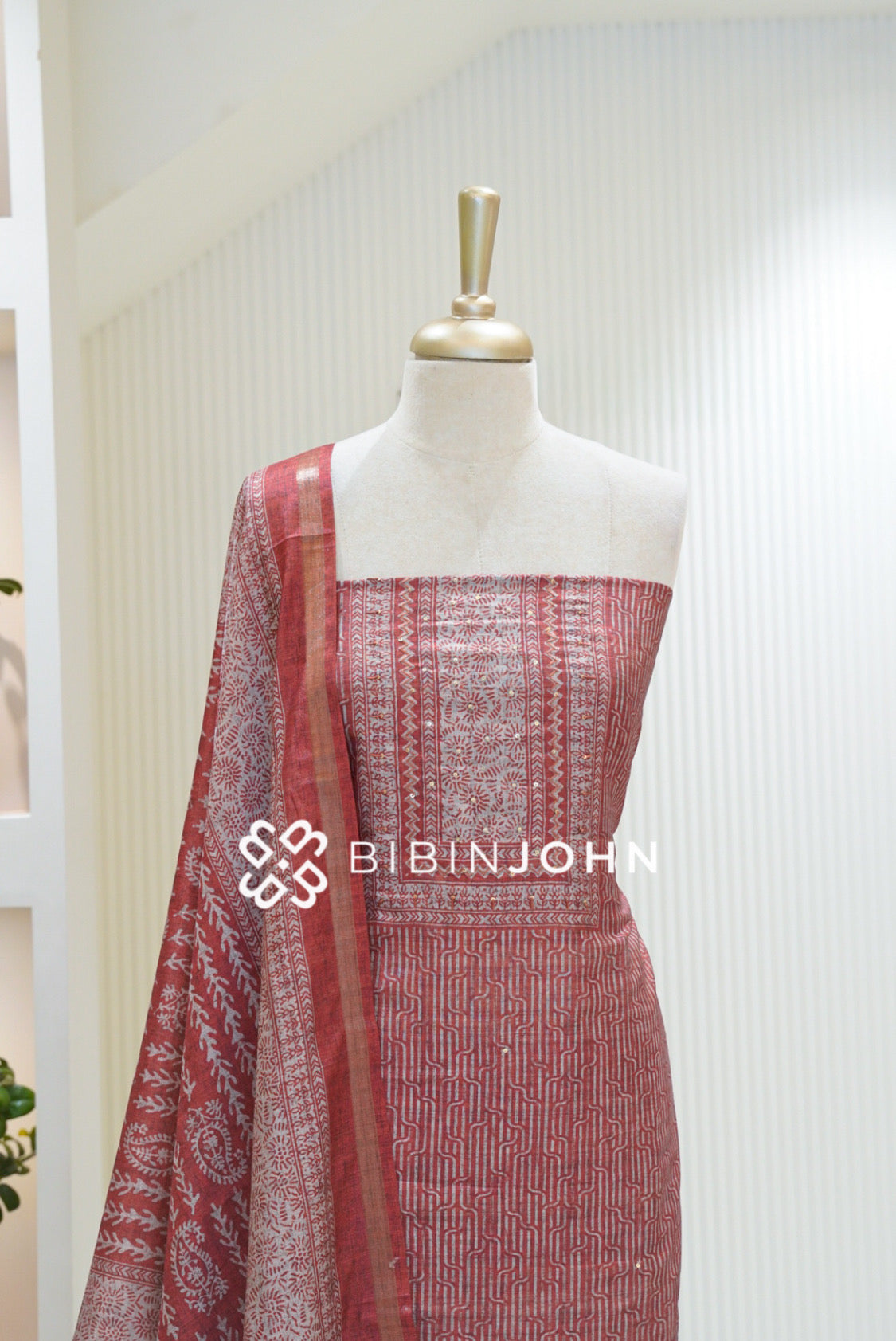 Printed Semi Silk Unstitched Salwar Suit Material Rust Red BJ2358