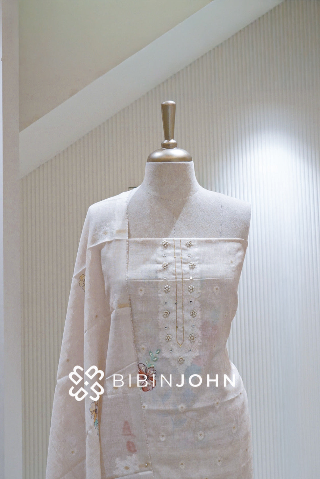 Silk Embroidery Unstitched Salwar Suit Material Off White BJ1715