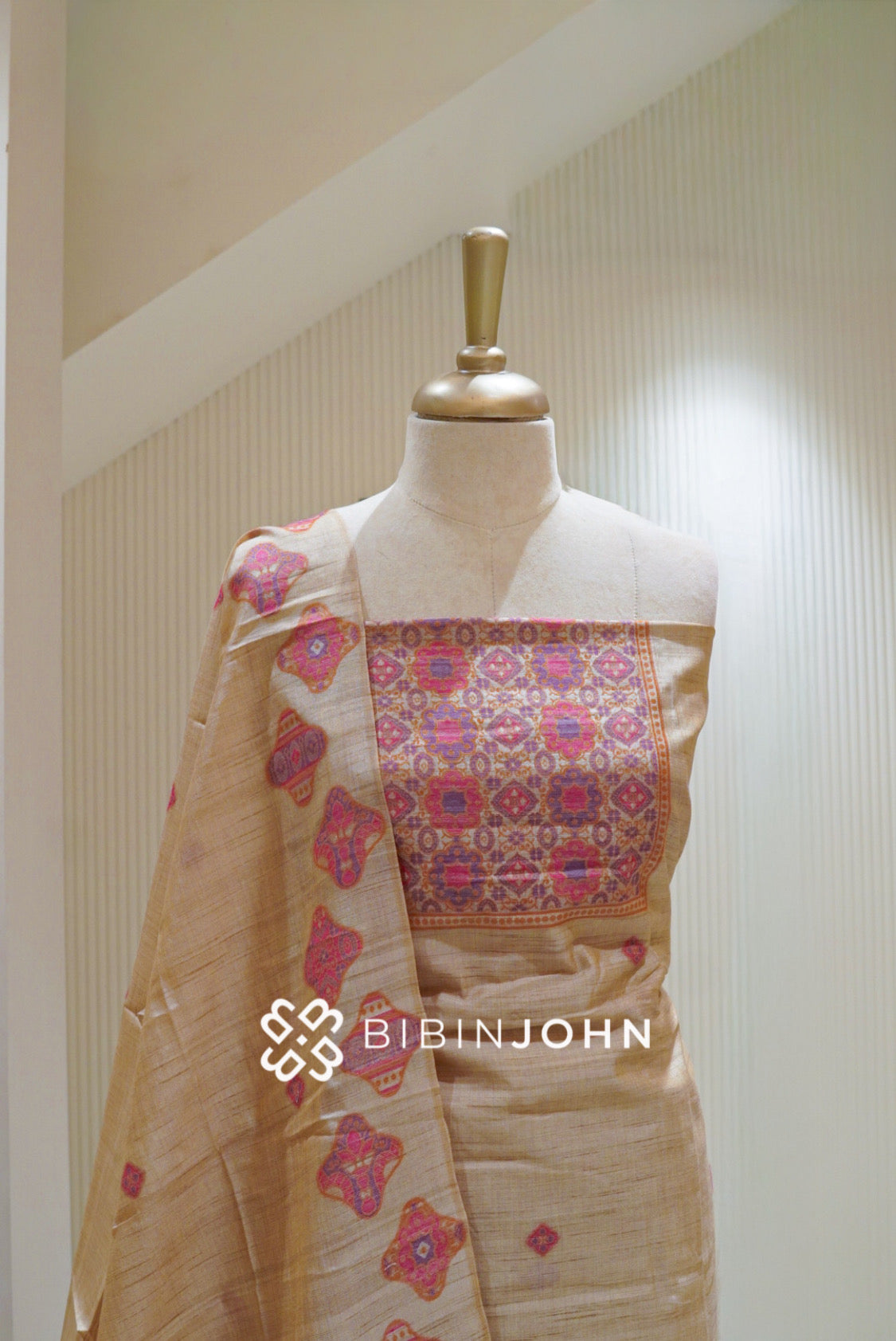 Printed Semi Silk Unstitched Salwar Suit Material Champagne Beige With Rani Pink BJ2758