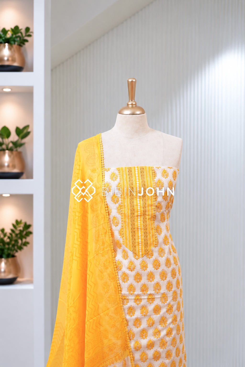 Printed Cotton Unstitched Salwar Suit Material Ivory White With Mustard Yellow BJ2030