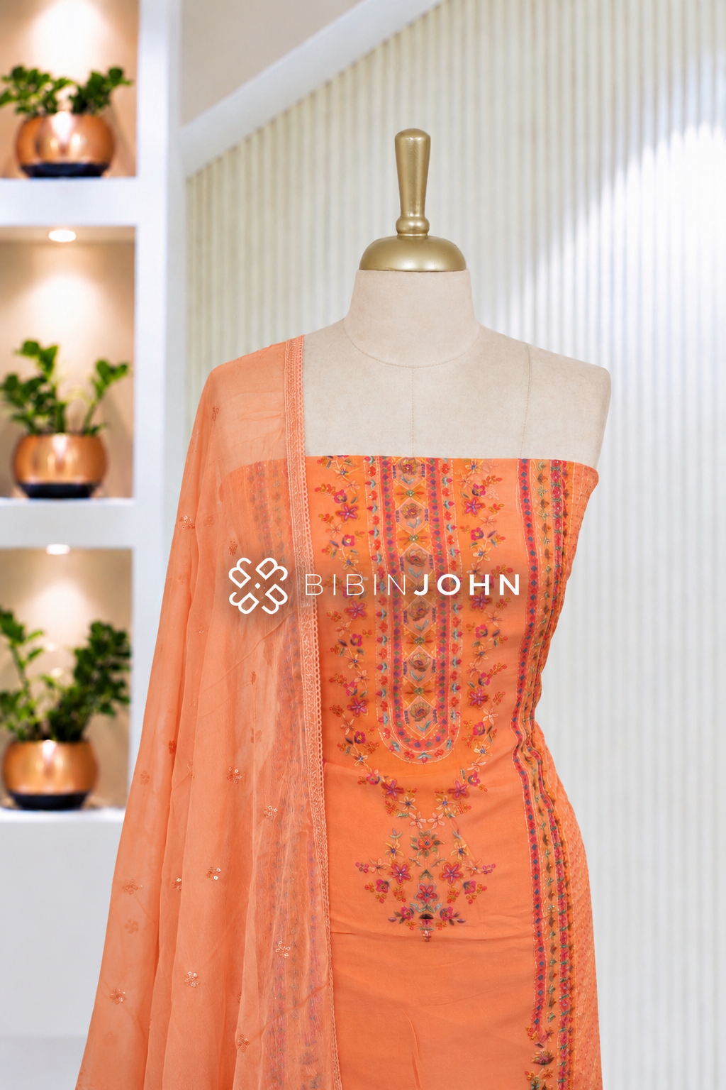 Organza Embroidery Unstitched Salwar Suit Material Peach Orange BJ2093