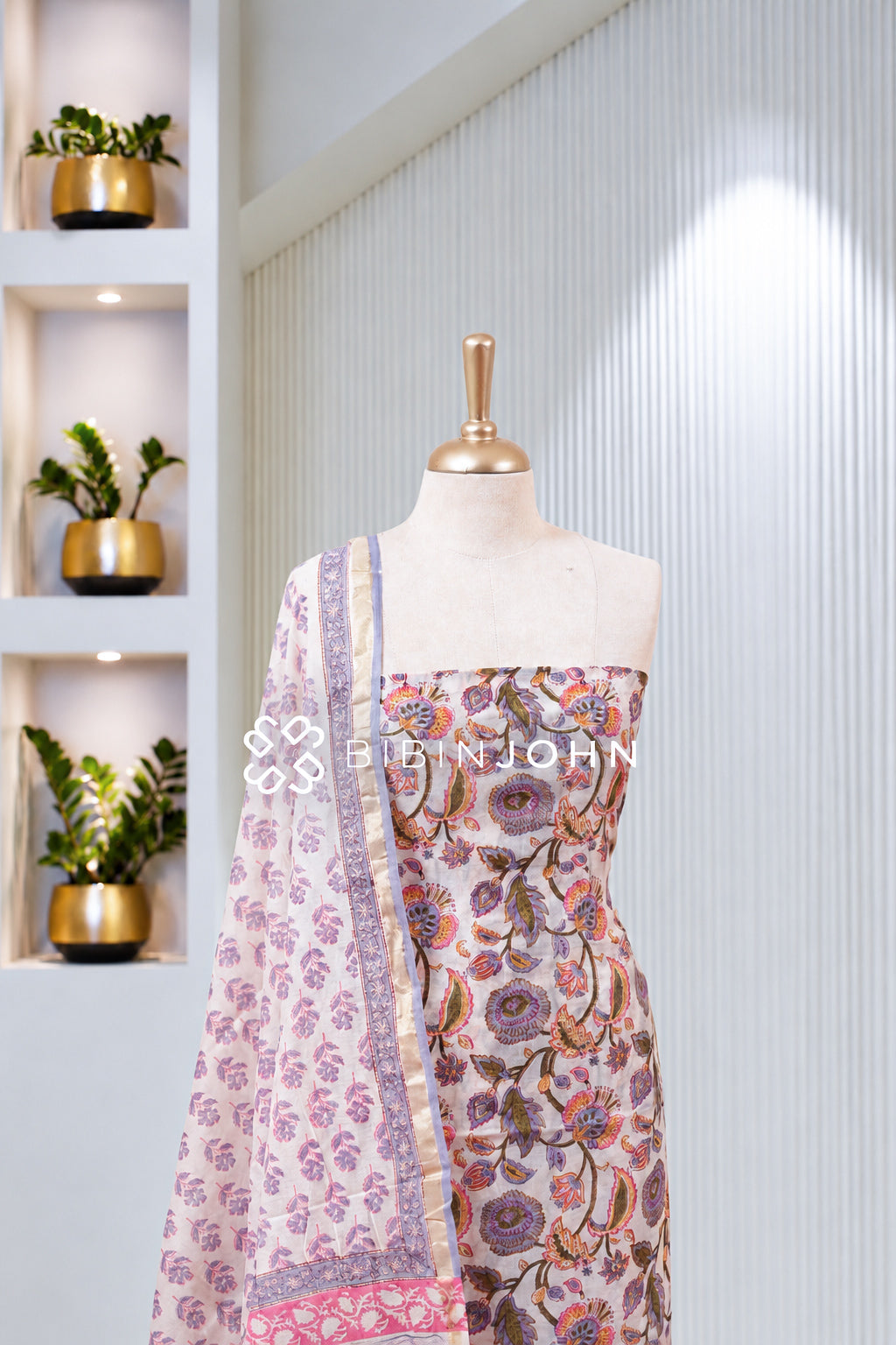 Printed Chanderi Unstitched Salwar Suit Material Ivory White BJ1956