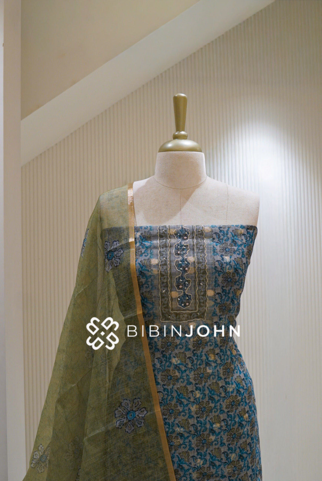 Cotta Embroidery Unstitched Salwar Suit Material Turquoise Blue and Olive Green BJ2498