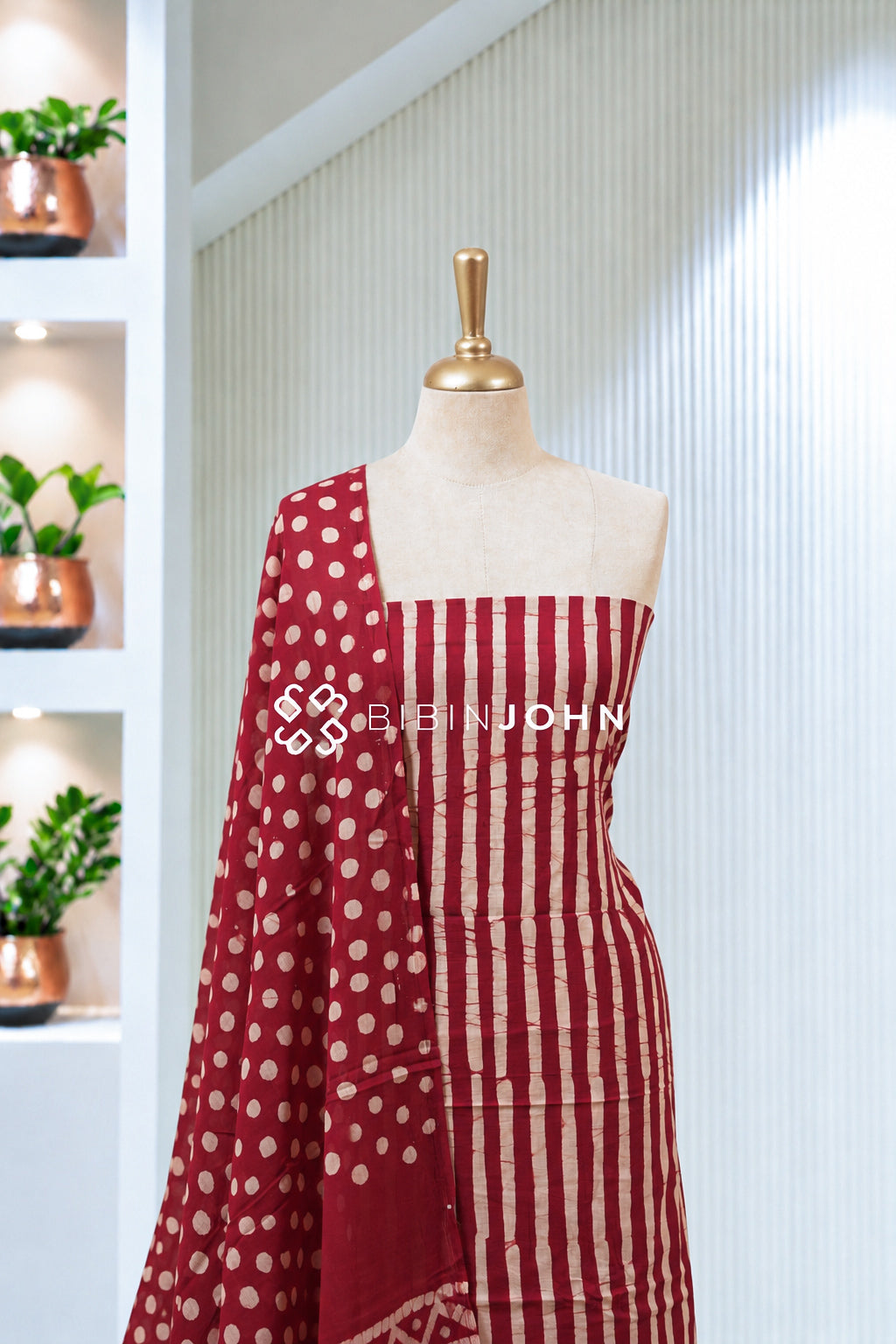 Printed Cotton Unstitched Salwar Suit Material Wine Red With Cream BJ2000