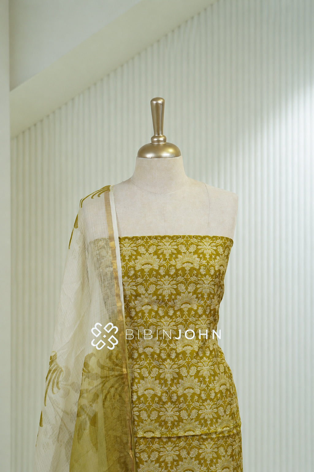 Printed Chanderi Unstitched Salwar Suit Material Mustard Olive Yellow BJ1807