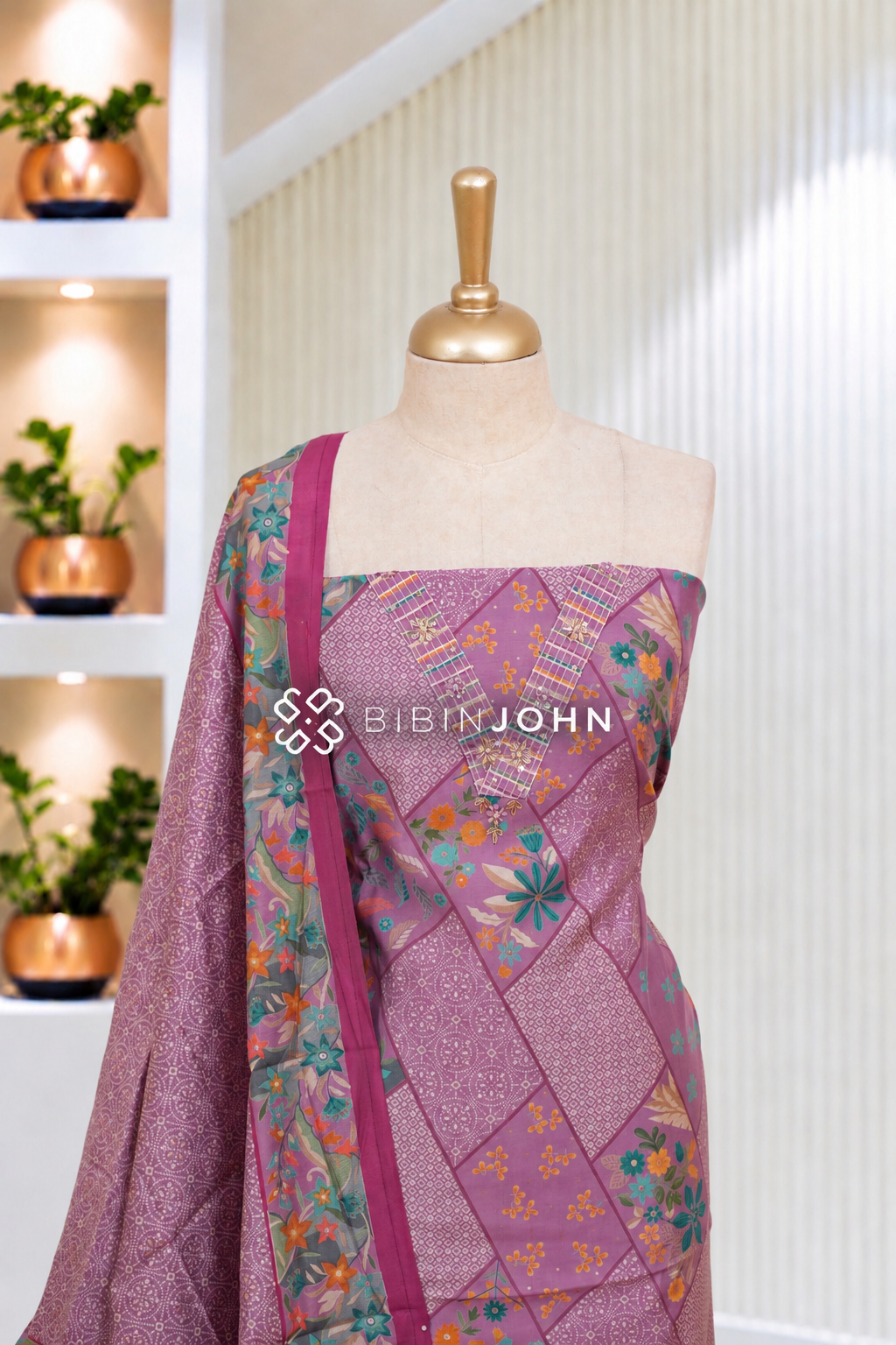 Silk Hand Embroidery Unstitched Salwar Suit Material Dusty Mauve BJ2094