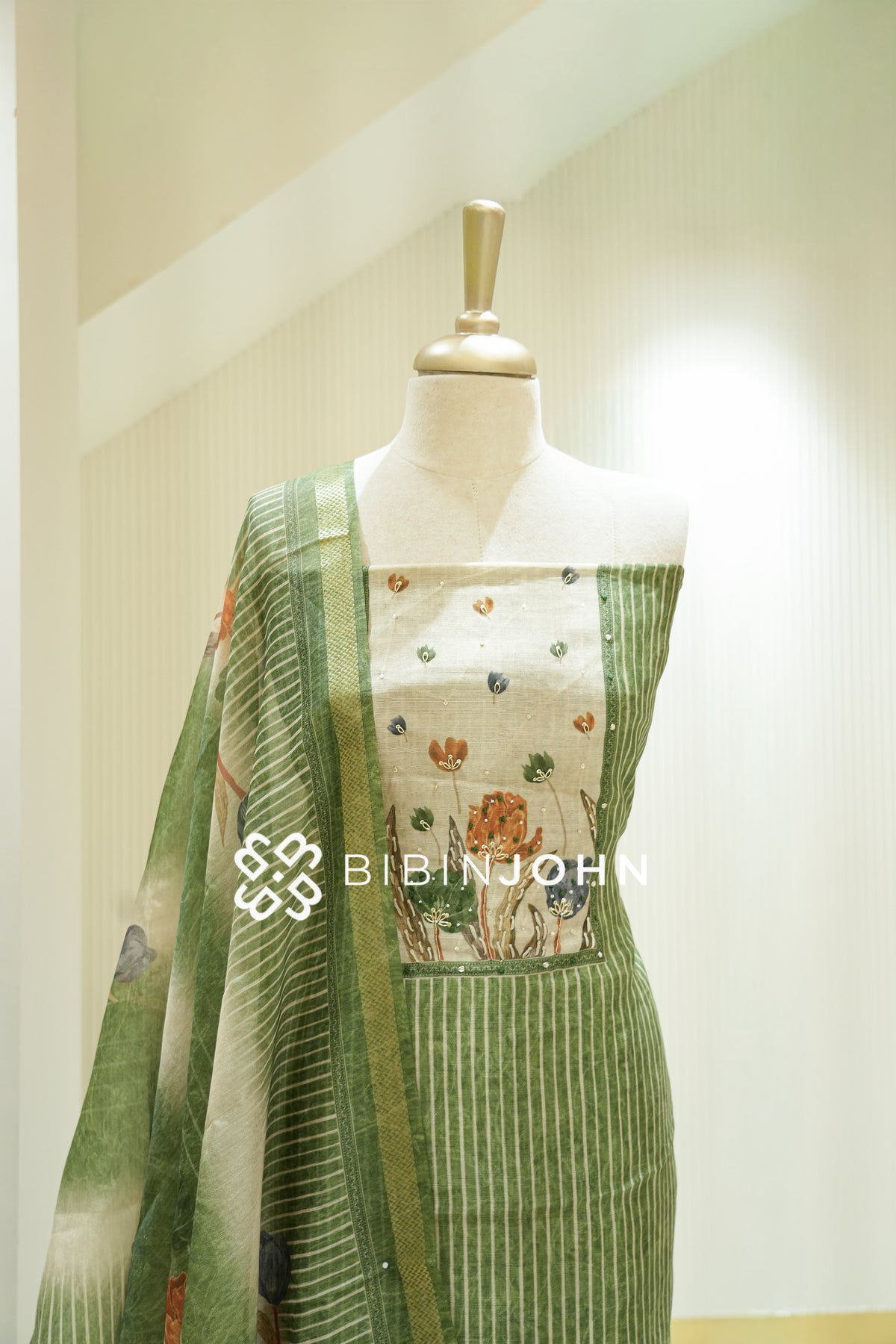 Semi Silk Embroidery Unstitched Salwar Suit Material Olive Green BJ2229
