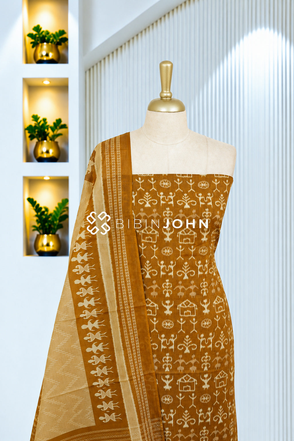 Printed Cotton Unstitched Salwar Suit Material Mustard Brown BJ2081
