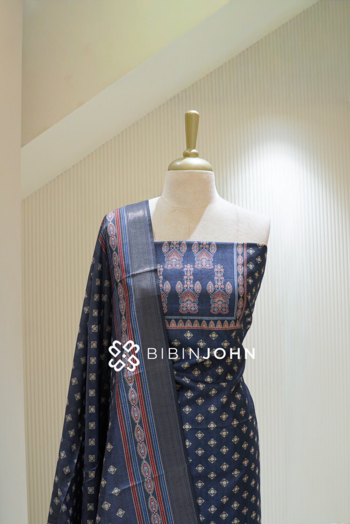 Printed Chanderi Unstitched Salwar Suit Material Navy Blue BJ2840