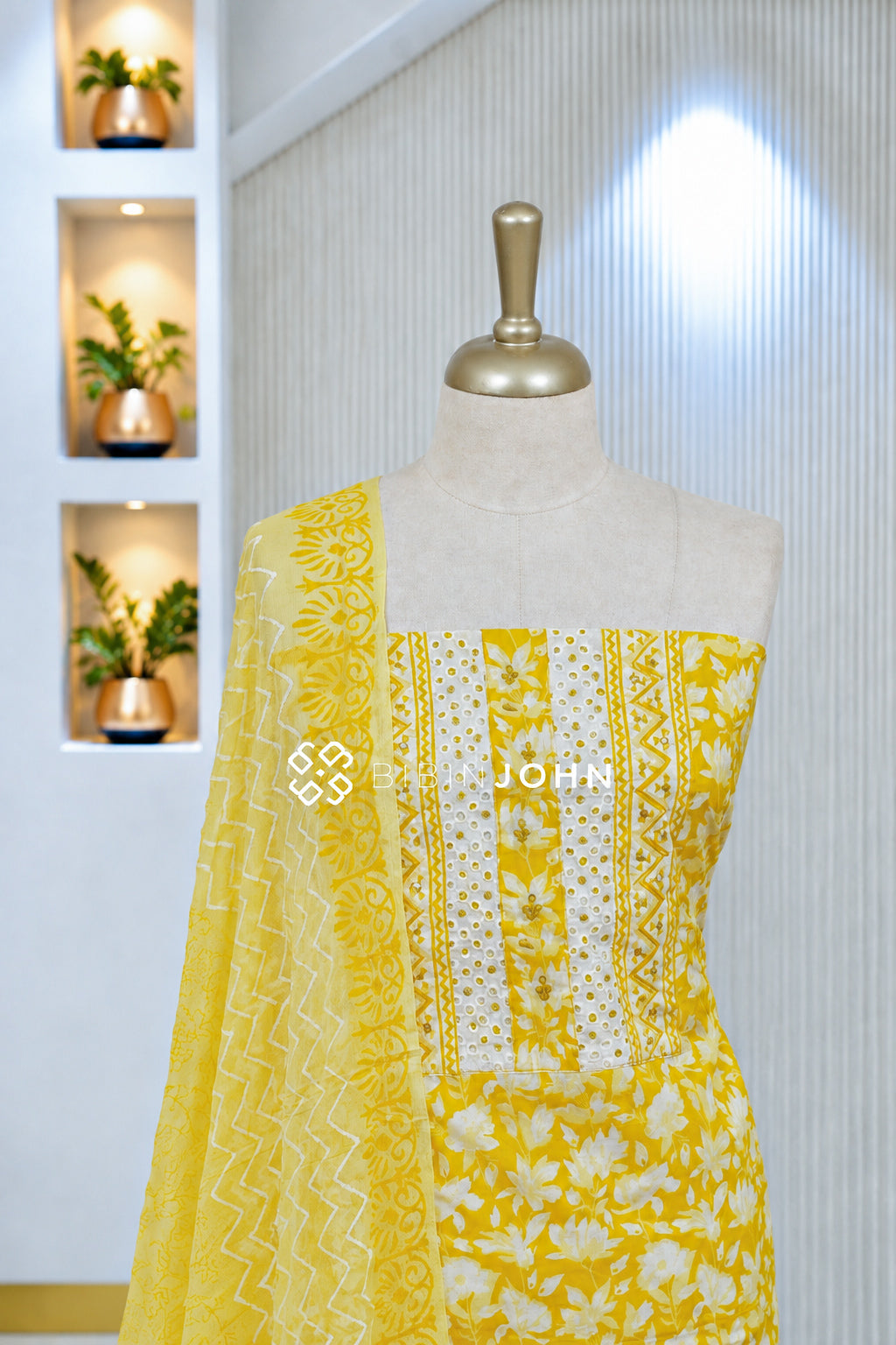 Printed Cotton Unstitched Salwar Suit Material Sunshine Yellow BJ2057