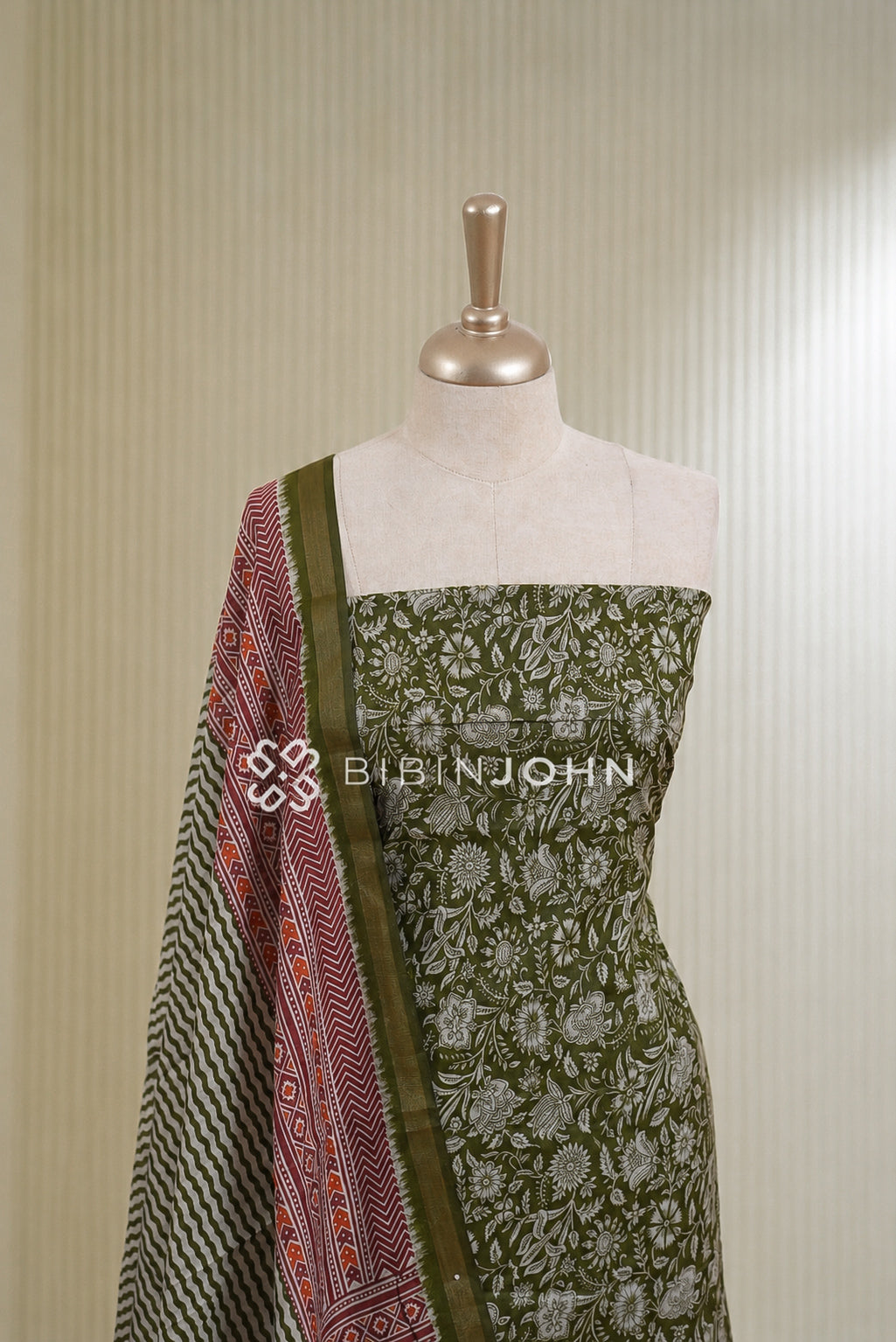 Printed Chanderi Unstitched Salwar Suit Material Olive Green BJ1822