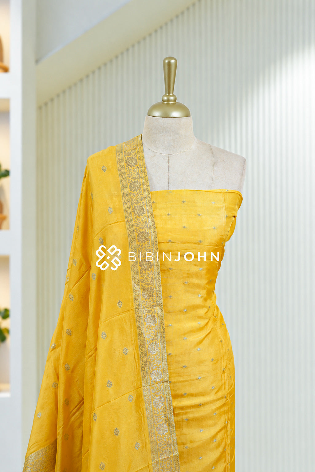 Silk Banarasi Unstitched Salwar Suit Material Golden Yellow BJ1838