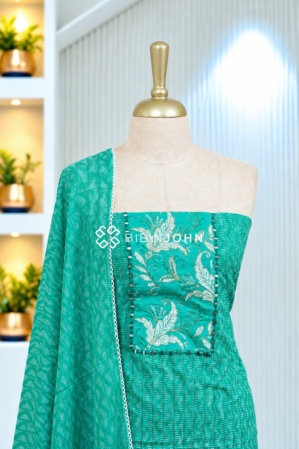Cotton Embroidery Unstitched Salwar Suit Material Sea Green BJ2063